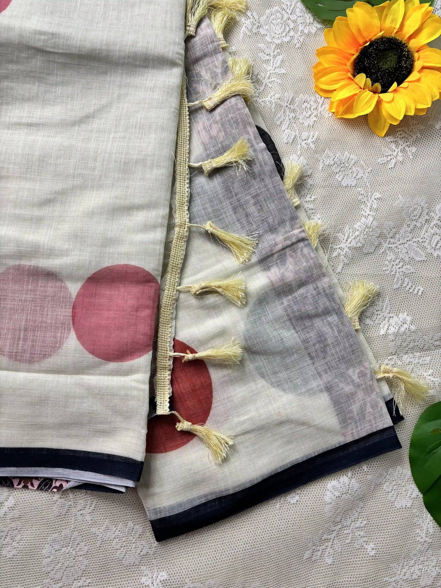 White Linen Cotton Saree with Multi Color Huge Polka Dot print