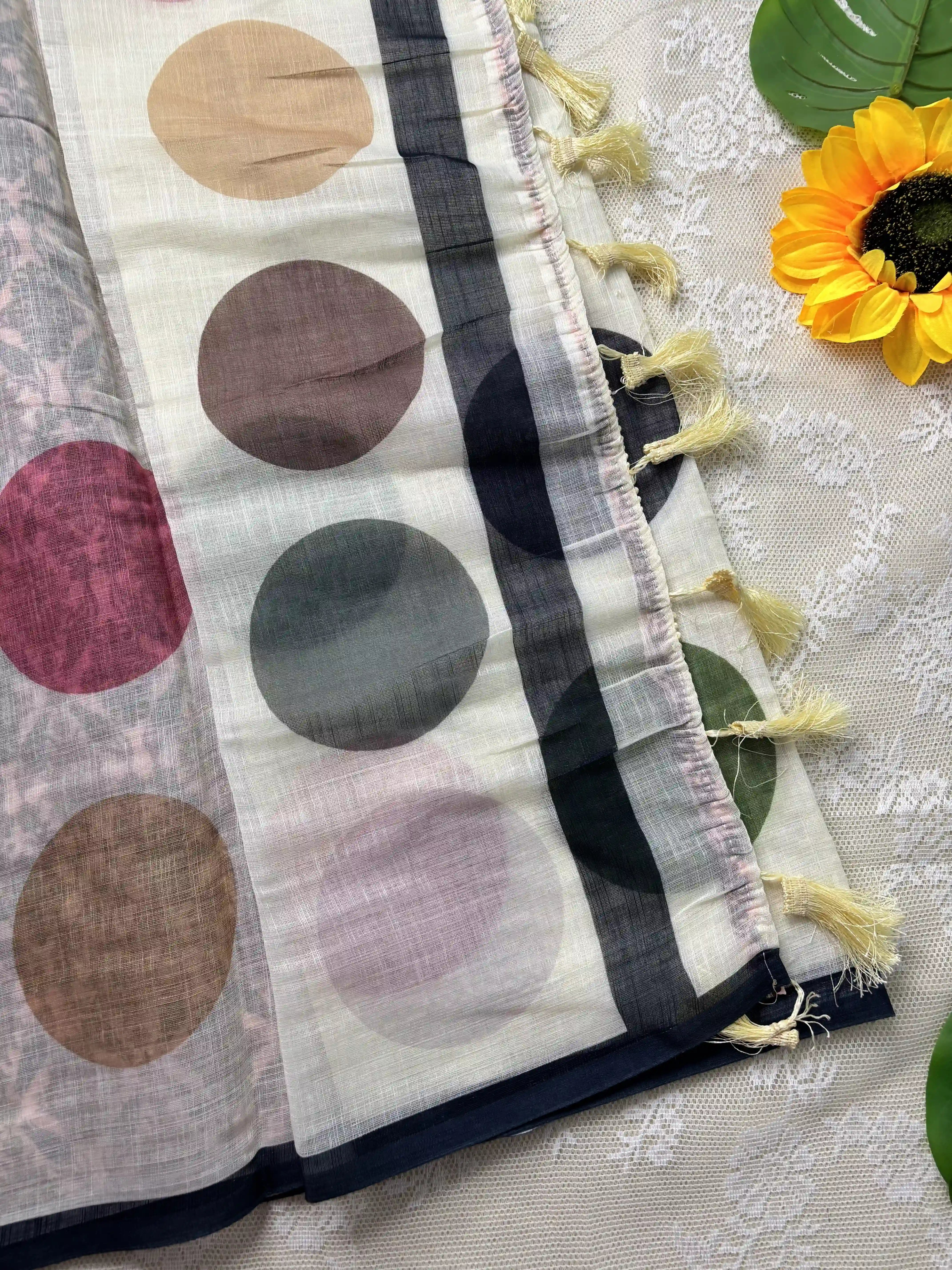 White Linen Cotton Saree with Multi Color Huge Polka Dot print