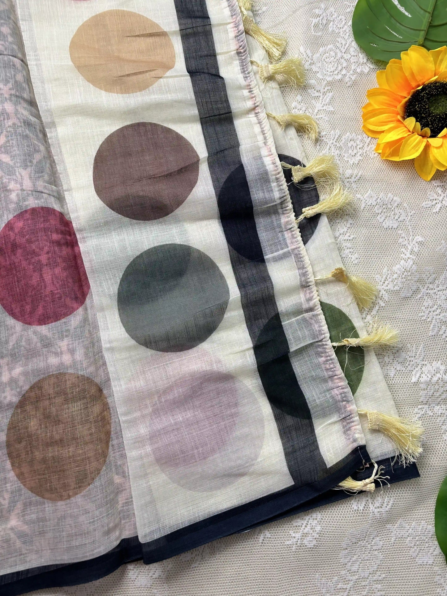 White Linen Cotton Saree with Multi Color Huge Polka Dot print