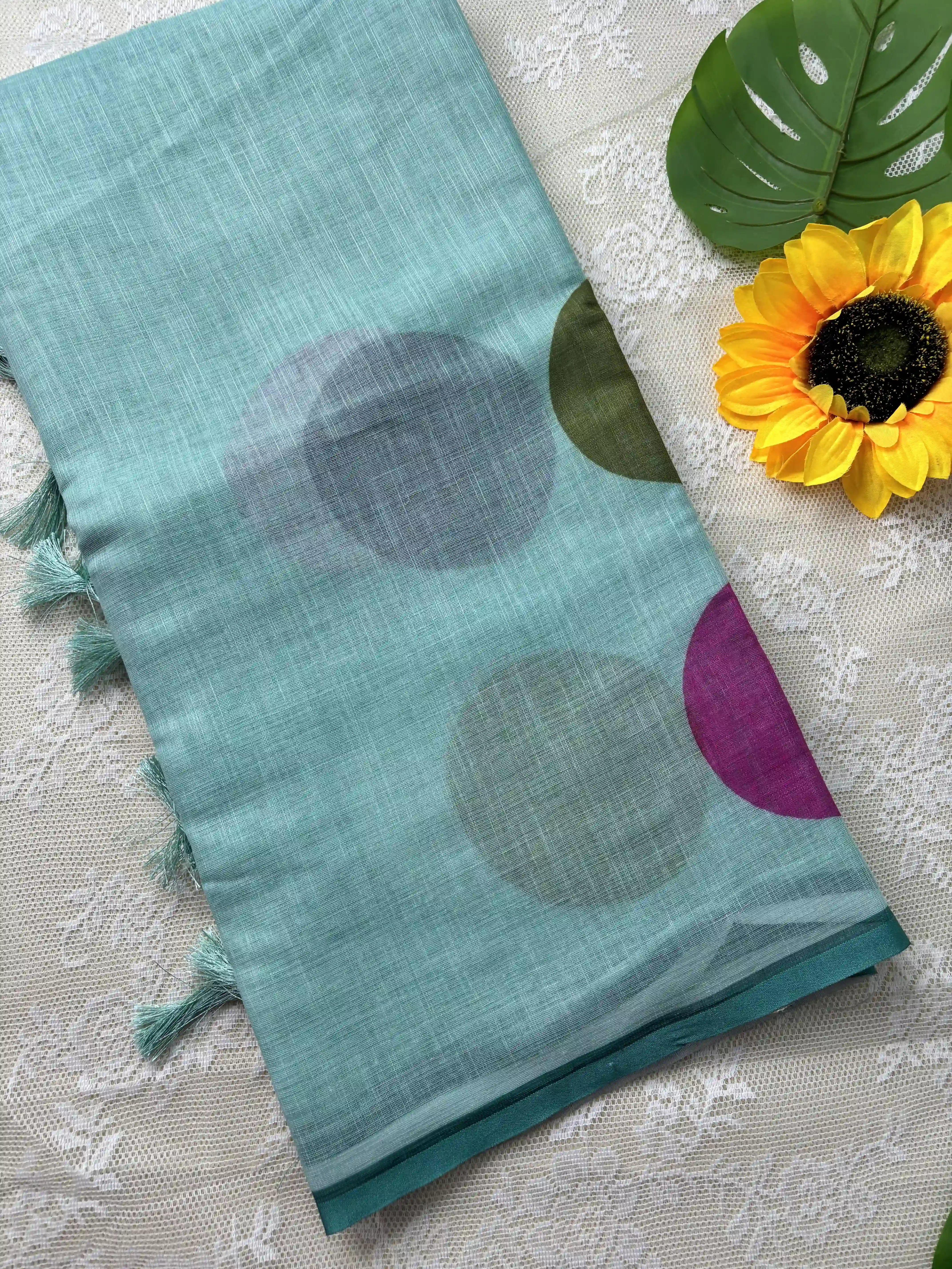 Mint Green Linen Cotton Saree with Multi Color Huge Polka Dot print