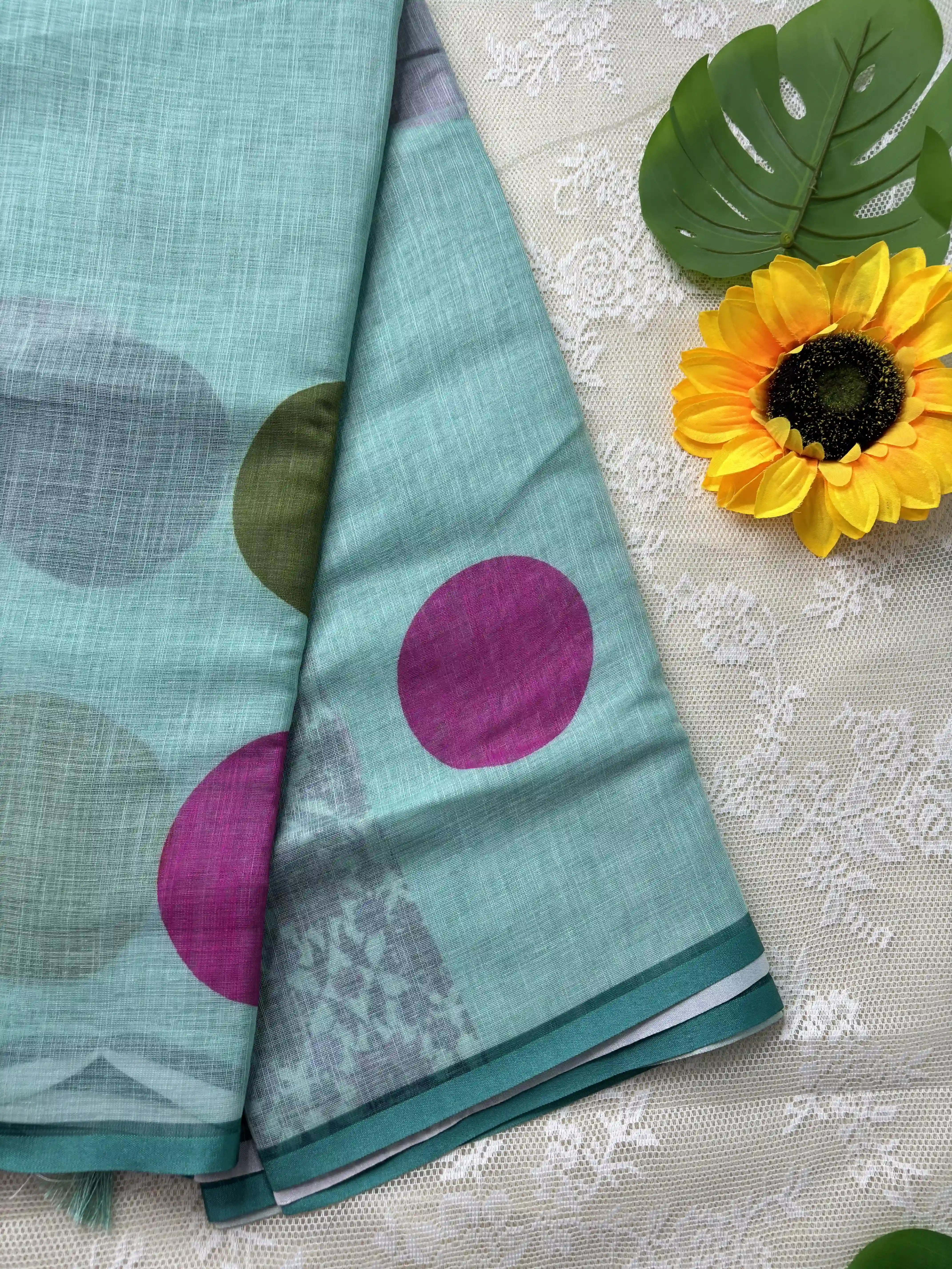 Mint Green Linen Cotton Saree with Multi Color Huge Polka Dot print