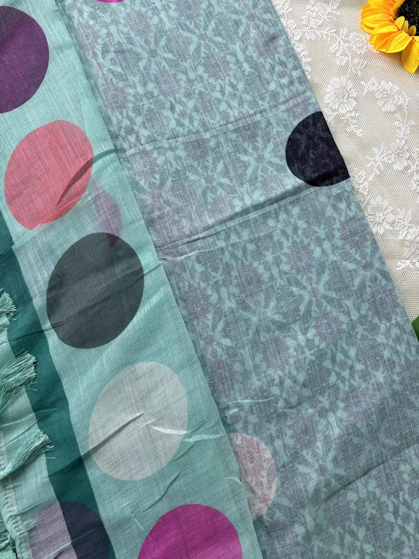 Mint Green Linen Cotton Saree with Multi Color Huge Polka Dot print