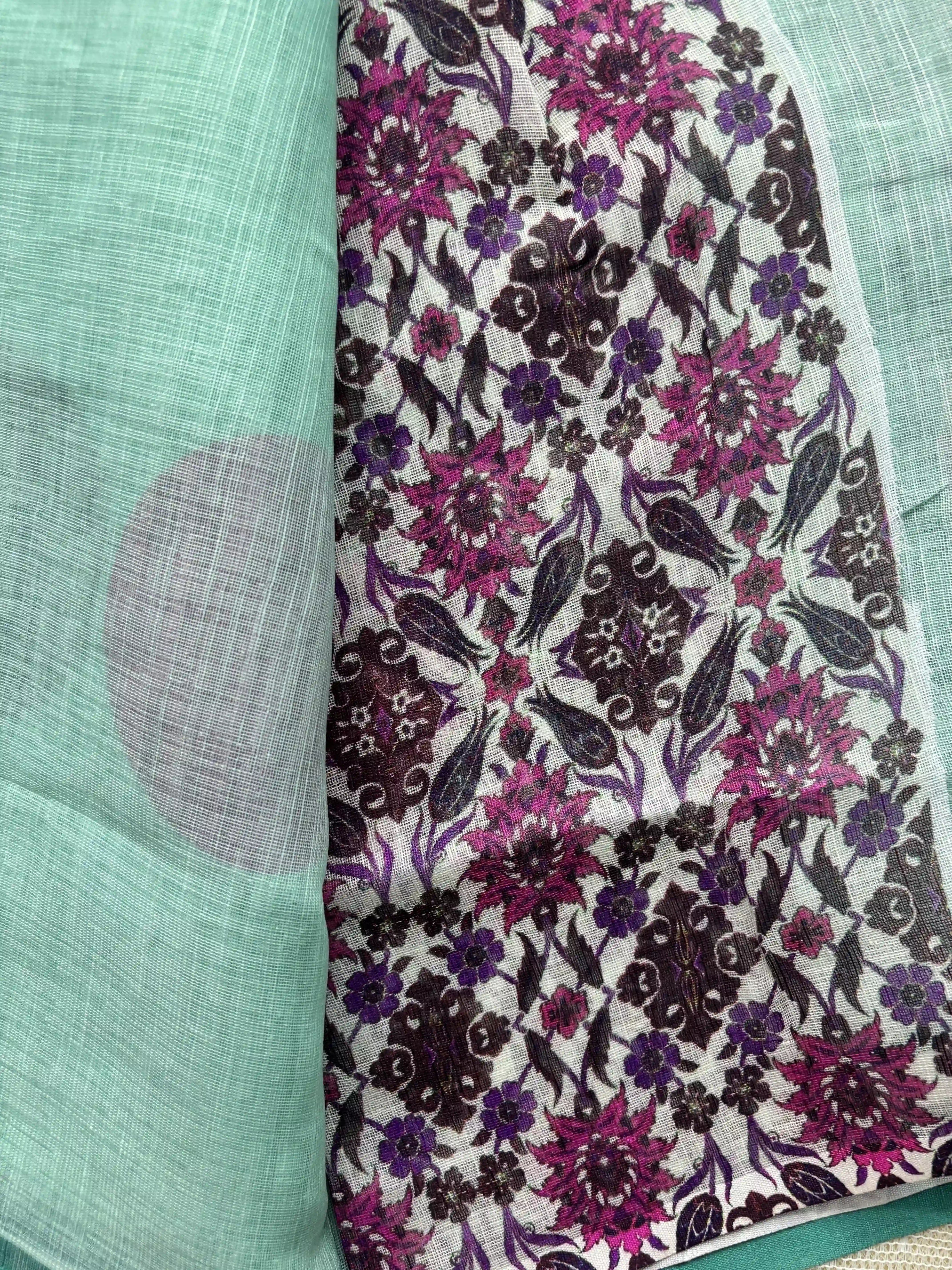 Mint Green Linen Cotton Saree with Multi Color Huge Polka Dot print