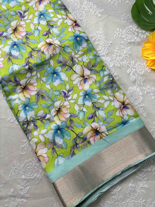 Candy Mint Green and Blue Floral Pint body and Gold Zari Border Saree