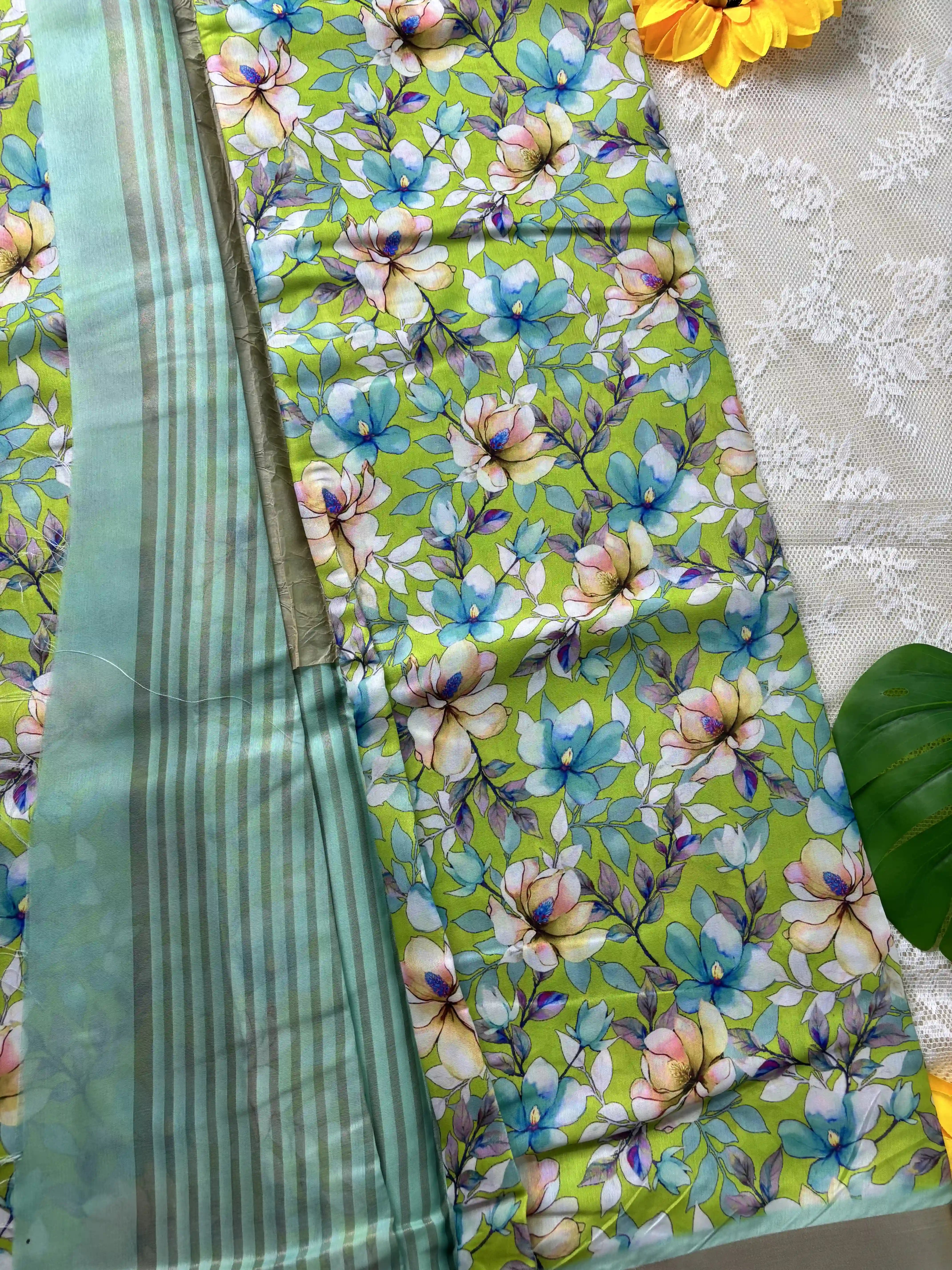 Candy Mint Green and Blue Floral Pint body and Gold Zari Border Saree