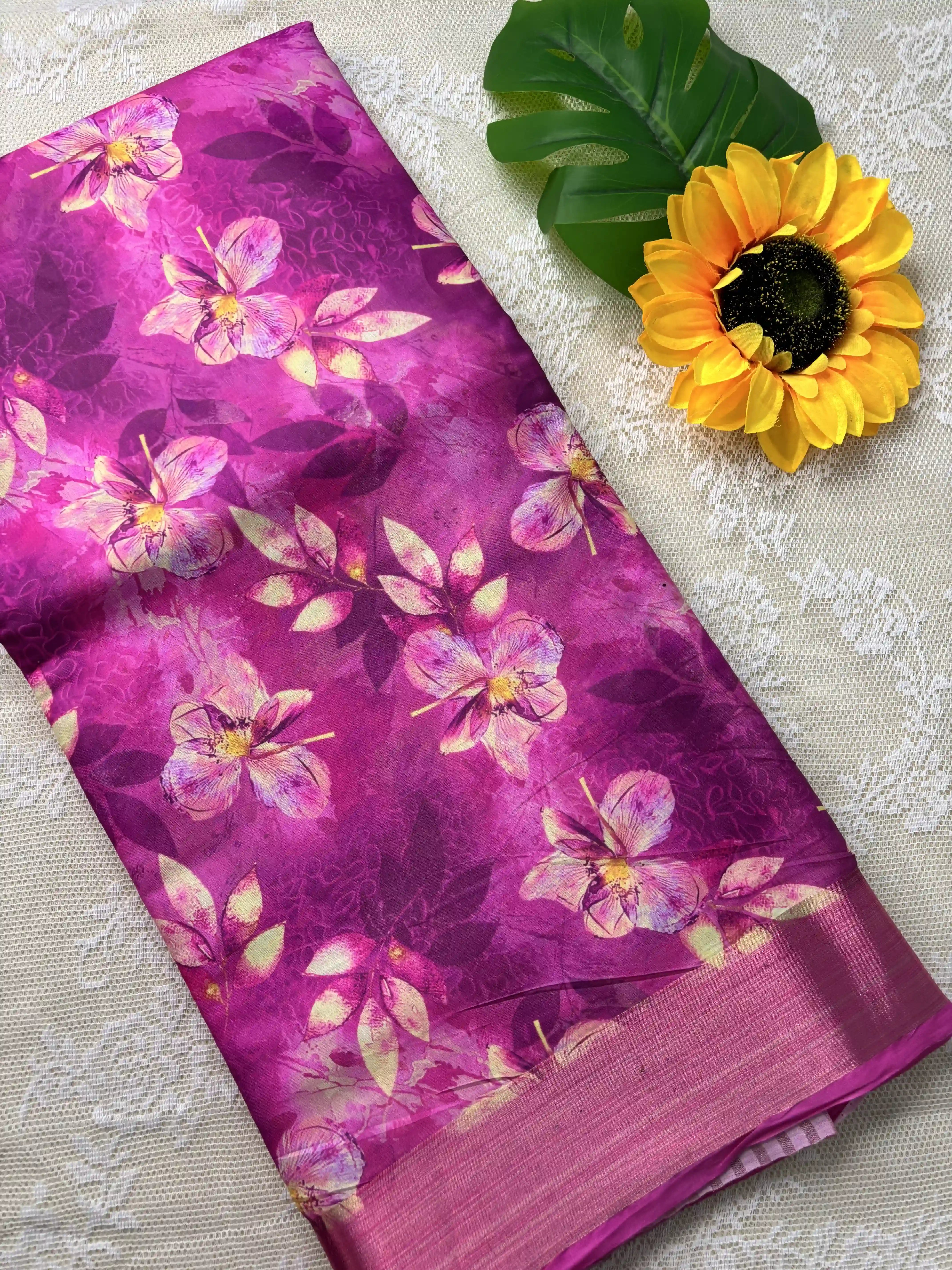 Candy Pink and Rose Floral Pint body and Gold Zari Border Saree