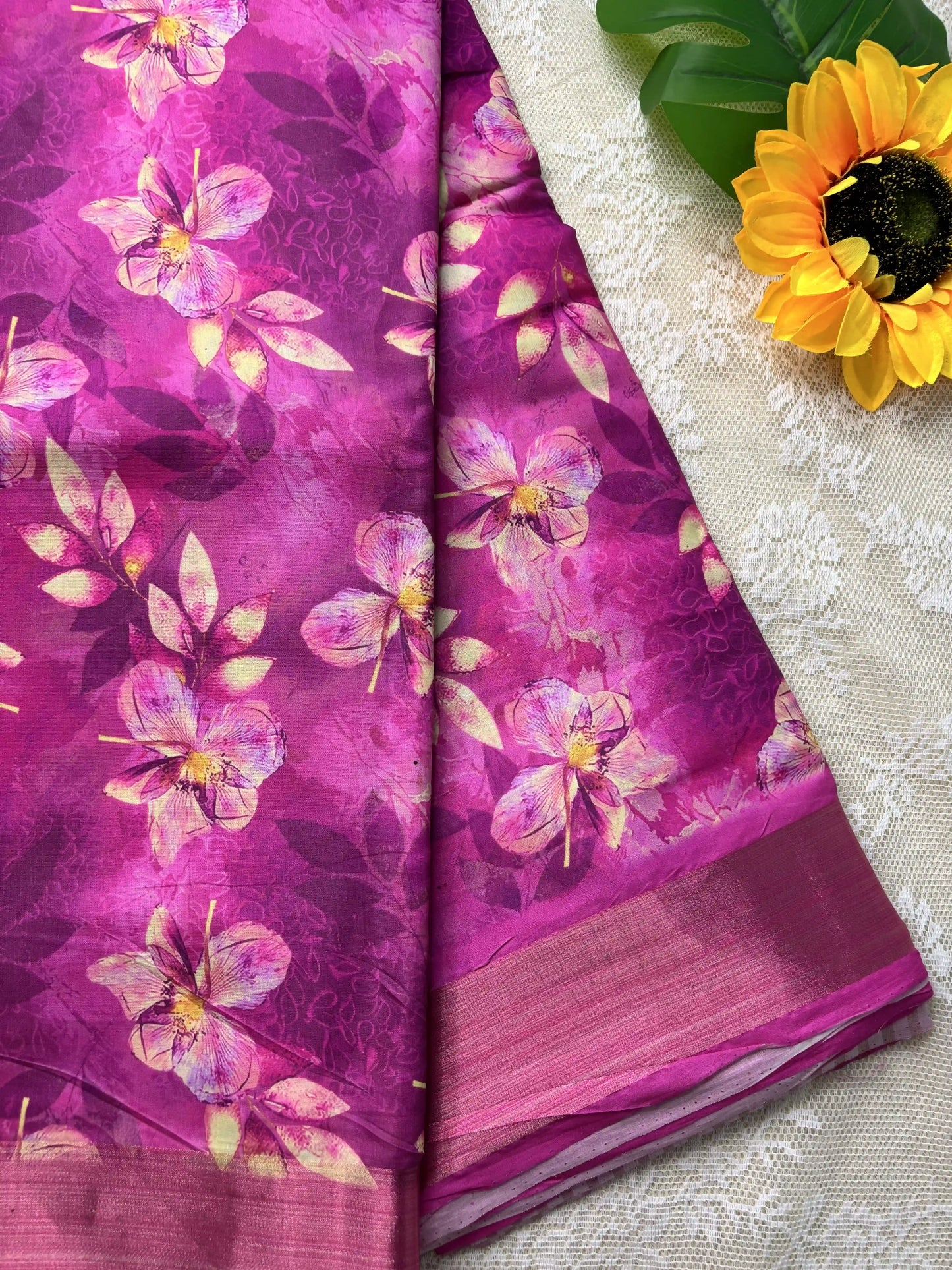 Candy Pink and Rose Floral Pint body and Gold Zari Border Saree
