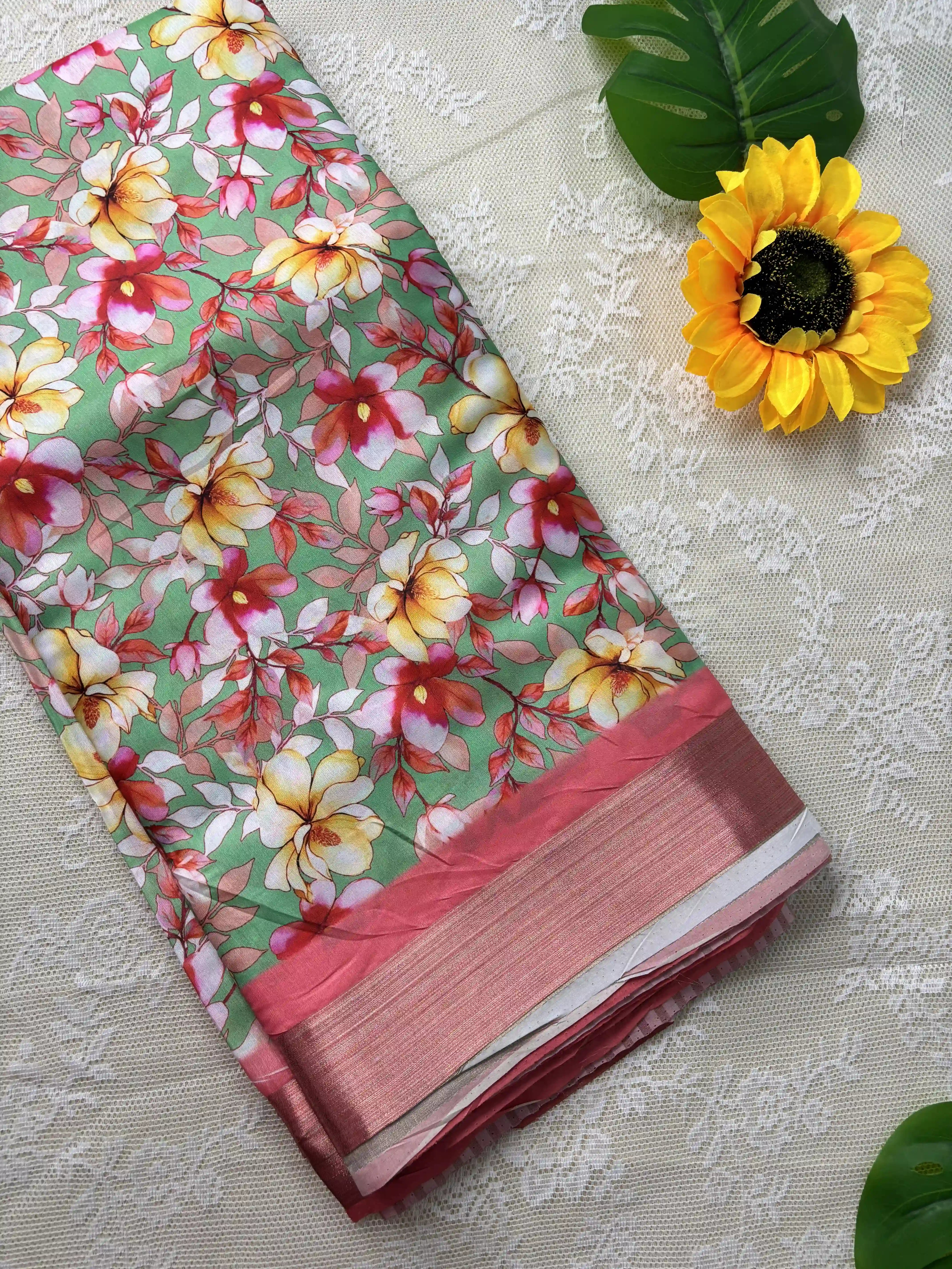 Candy Green and Peach Floral Pint body and Gold Zari Border Saree