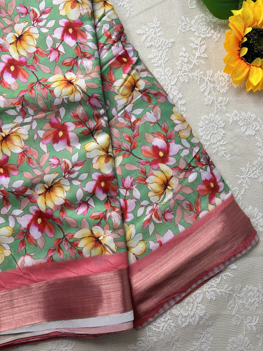 Candy Green and Peach Floral Pint body and Gold Zari Border Saree