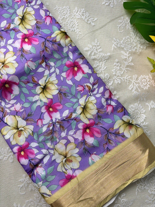 Candy Lavendar and Yellow Floral Pint body and Gold Zari Border Saree