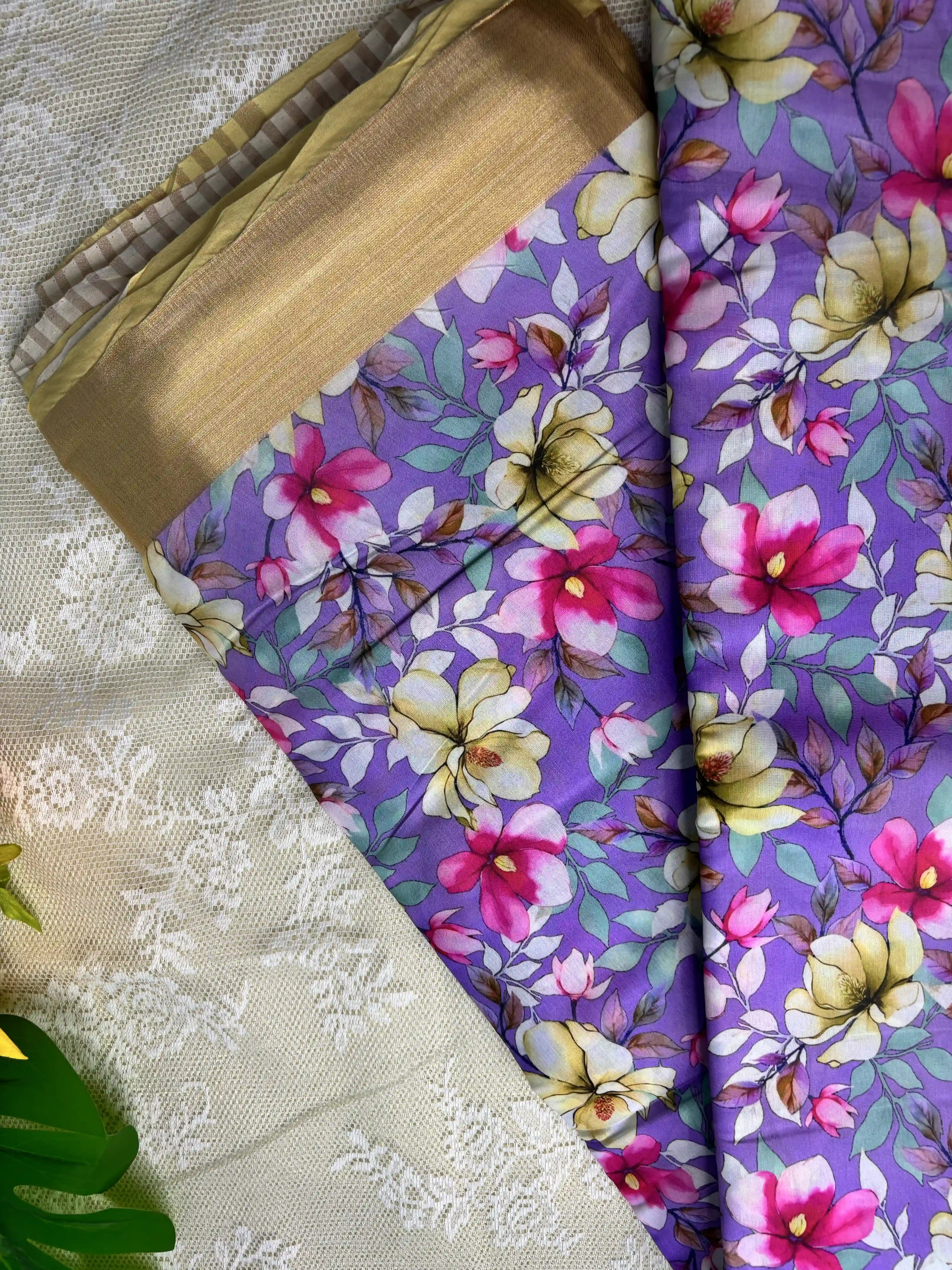 Candy Lavendar and Yellow Floral Pint body and Gold Zari Border Saree