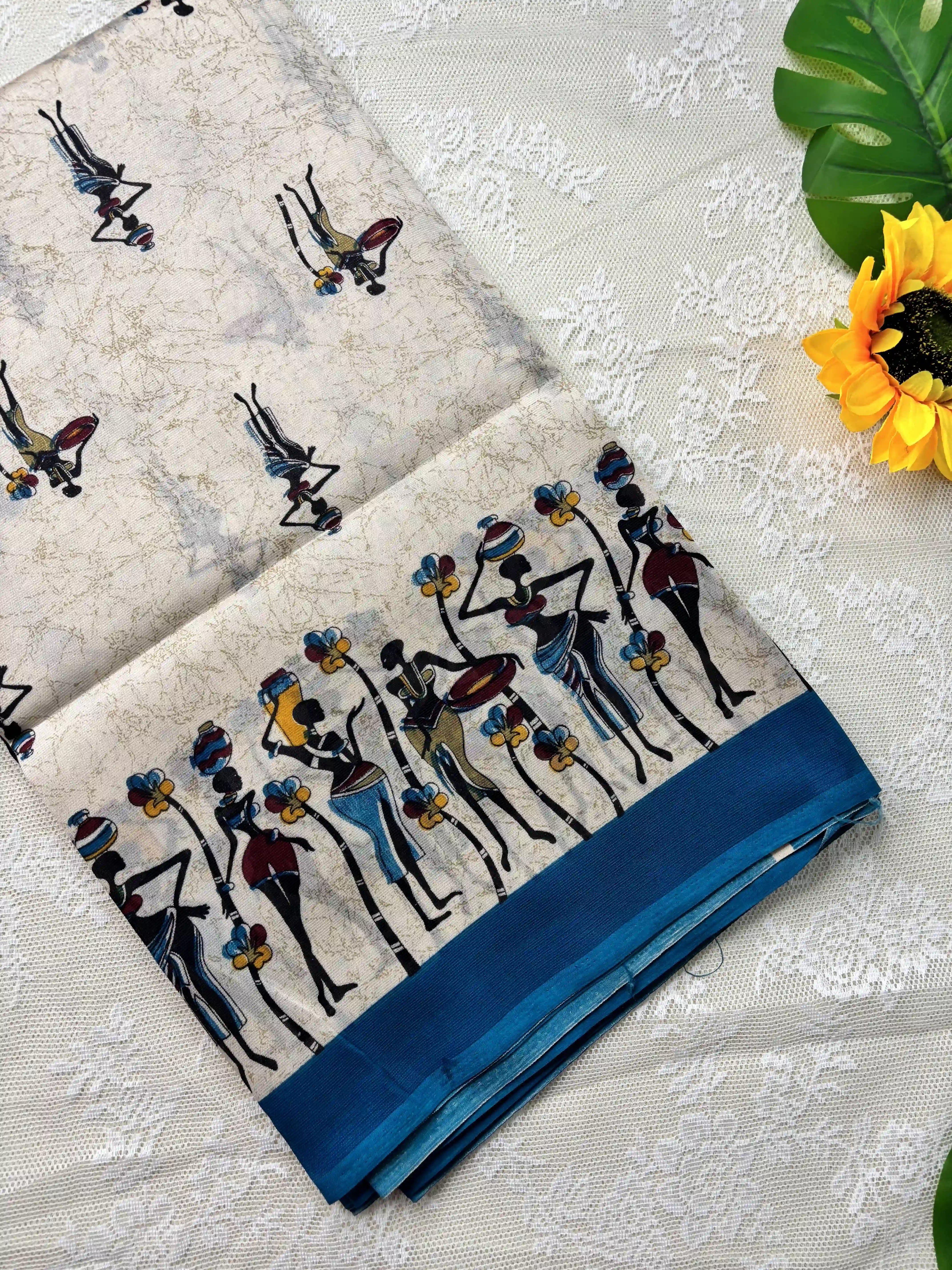 Beige Saree with African Tribal Print and Teal Blue Border Malabar Silk