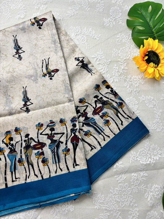 Beige Saree with African Tribal Print and Teal Blue Border Malabar Silk