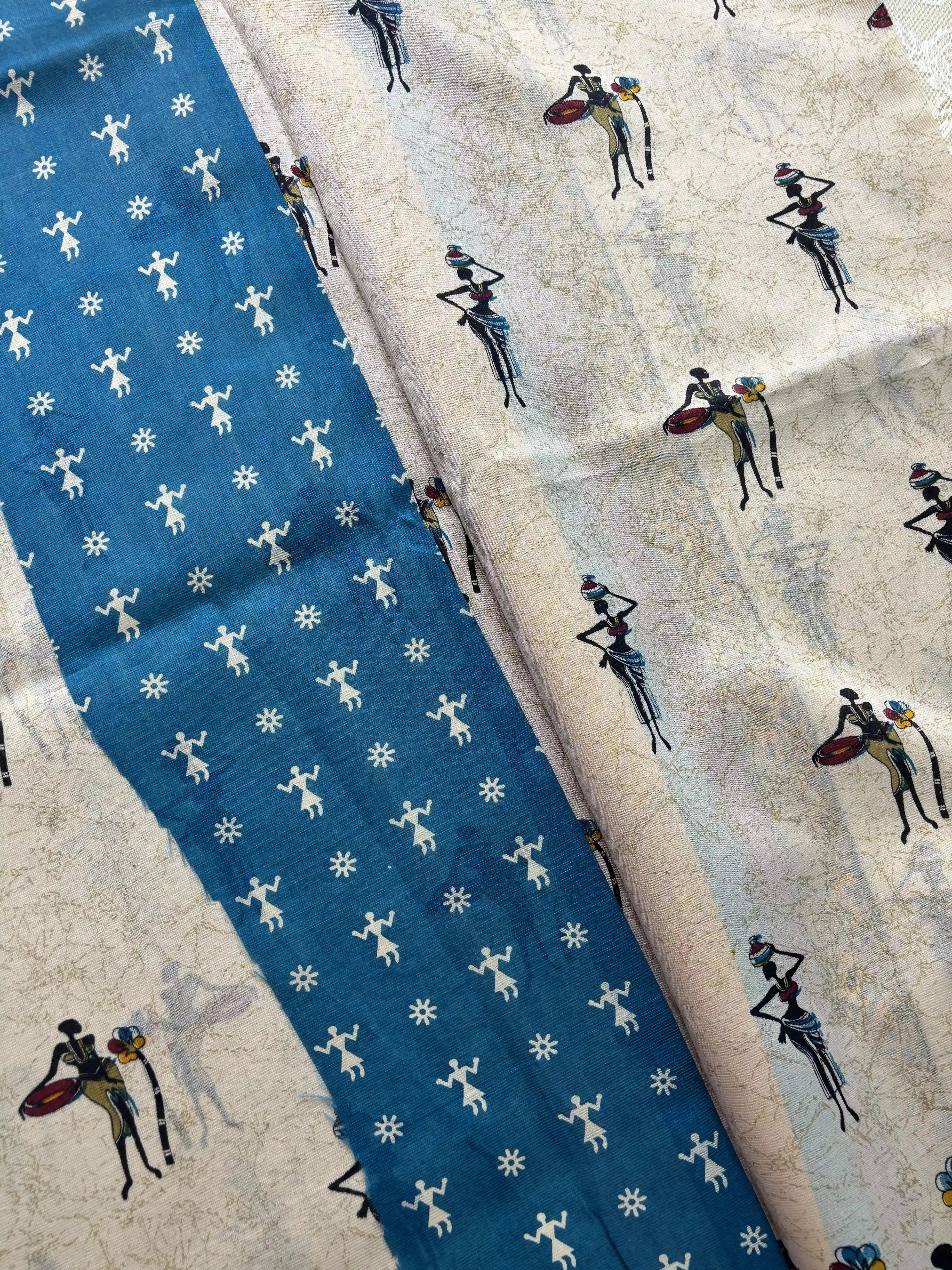 Beige Saree with African Tribal Print and Teal Blue Border Malabar Silk