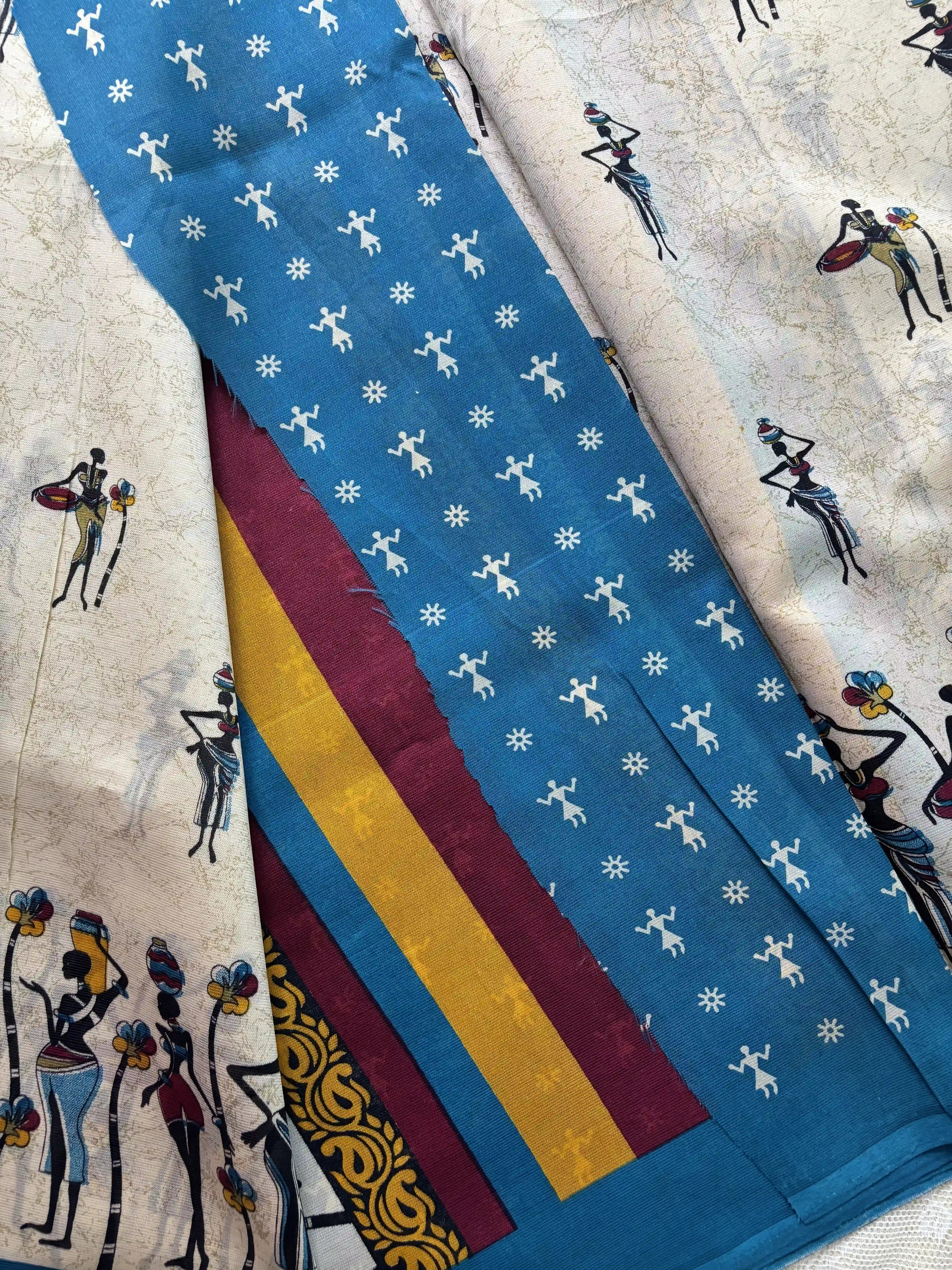 Beige Saree with African Tribal Print and Teal Blue Border Malabar Silk