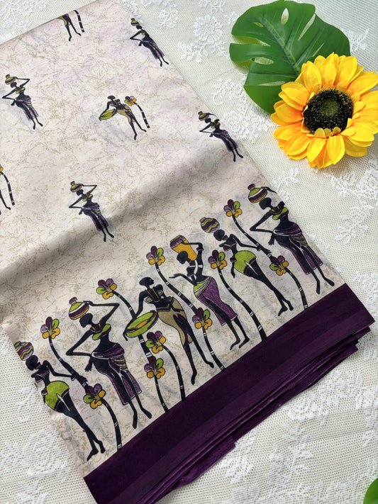 Beige Saree with African Tribal Print and Purple Border Malabar Silk