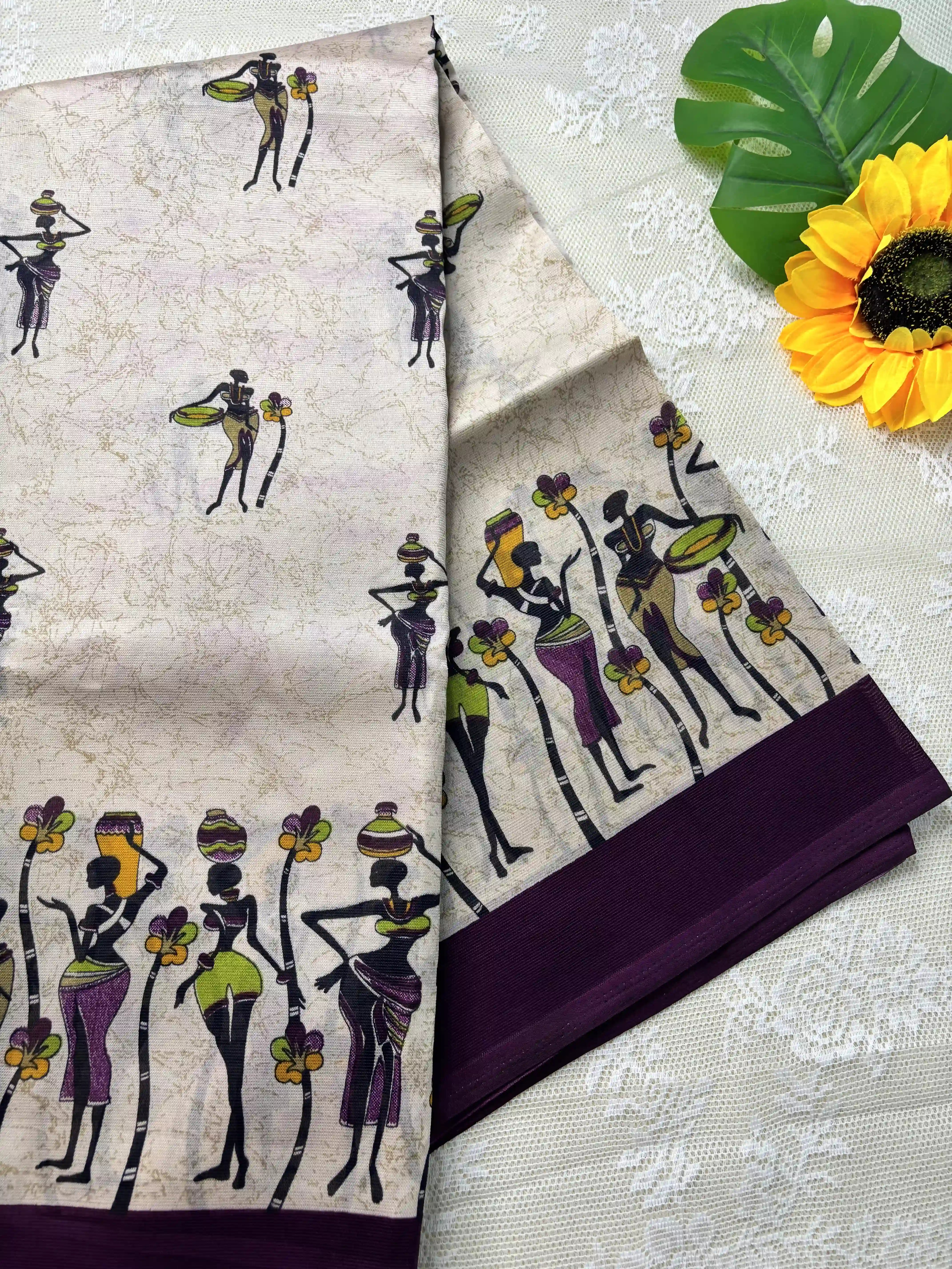 Beige Saree with African Tribal Print and Purple Border Malabar Silk