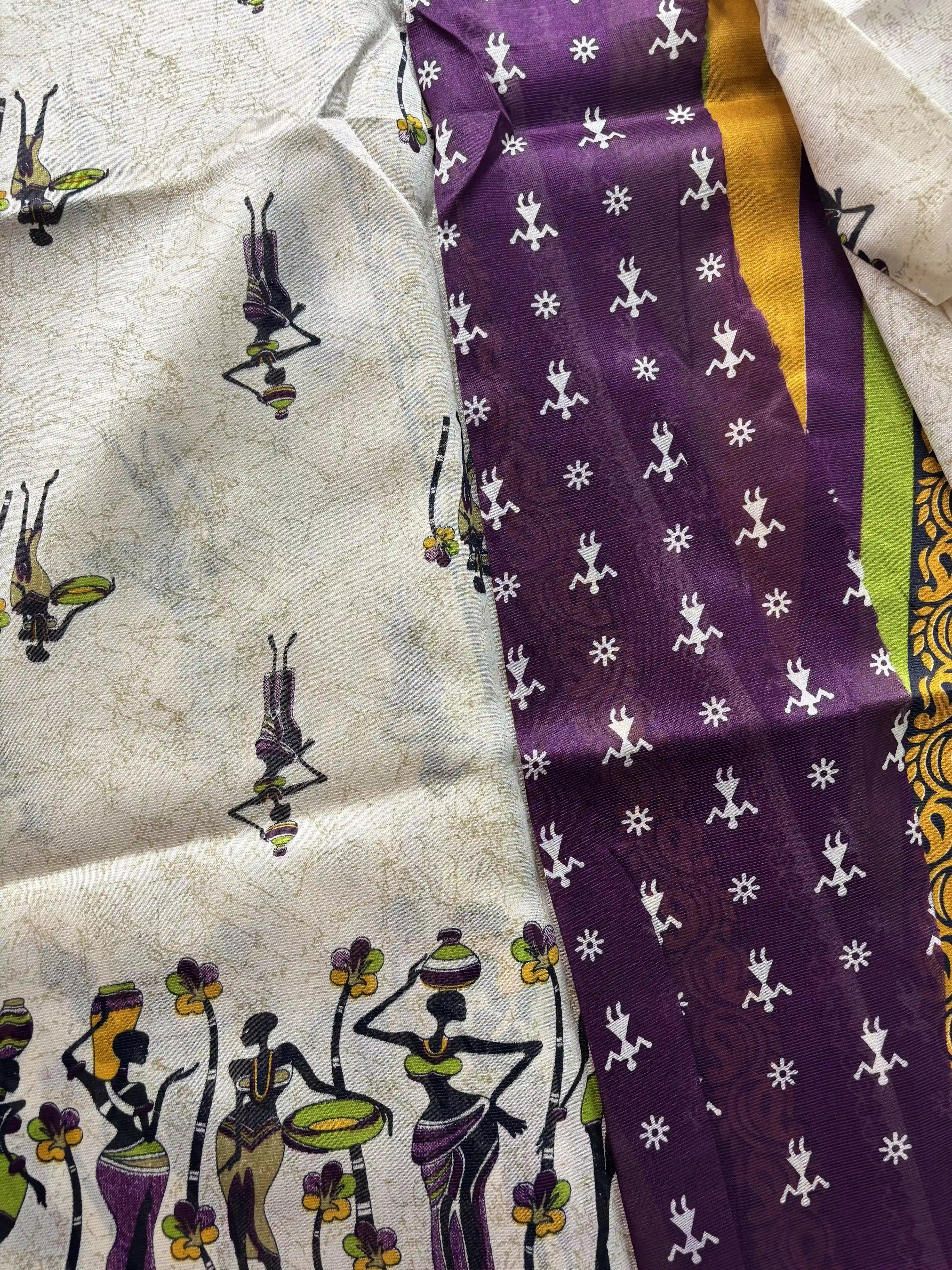 Beige Saree with African Tribal Print and Purple Border Malabar Silk