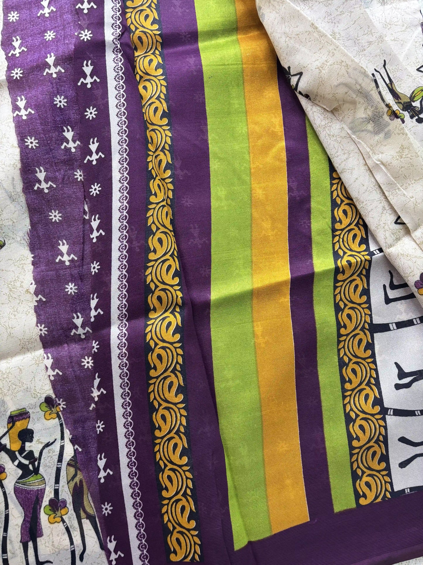 Beige Saree with African Tribal Print and Purple Border Malabar Silk
