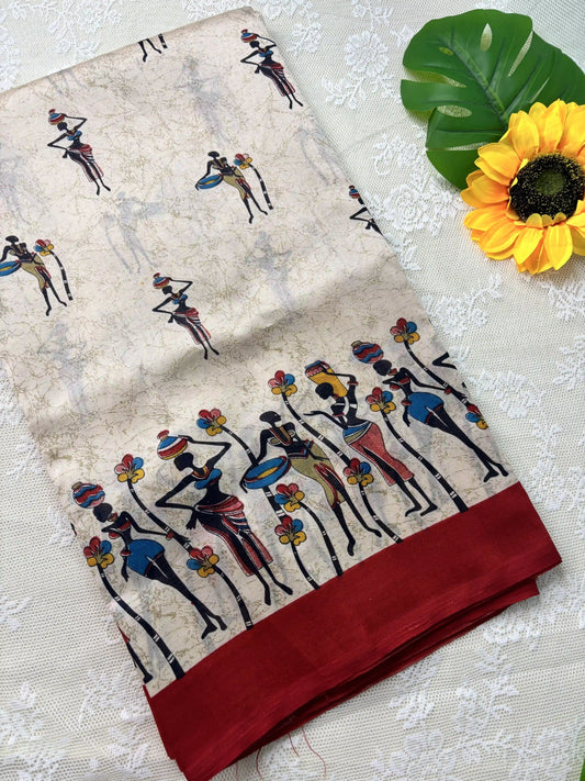 Beige Saree with African Tribal Print and Red Border Malabar Silk