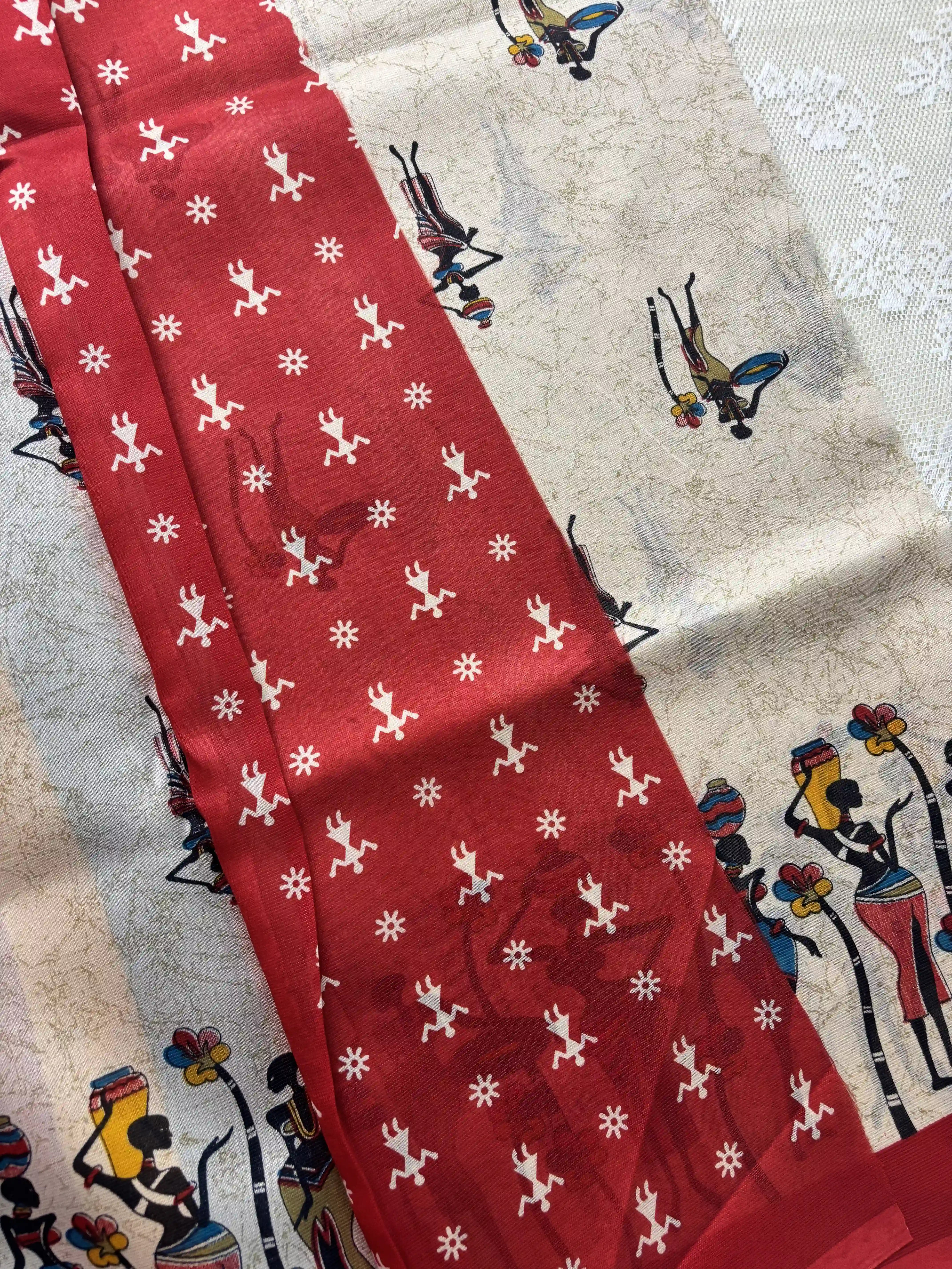 Beige Saree with African Tribal Print and Red Border Malabar Silk