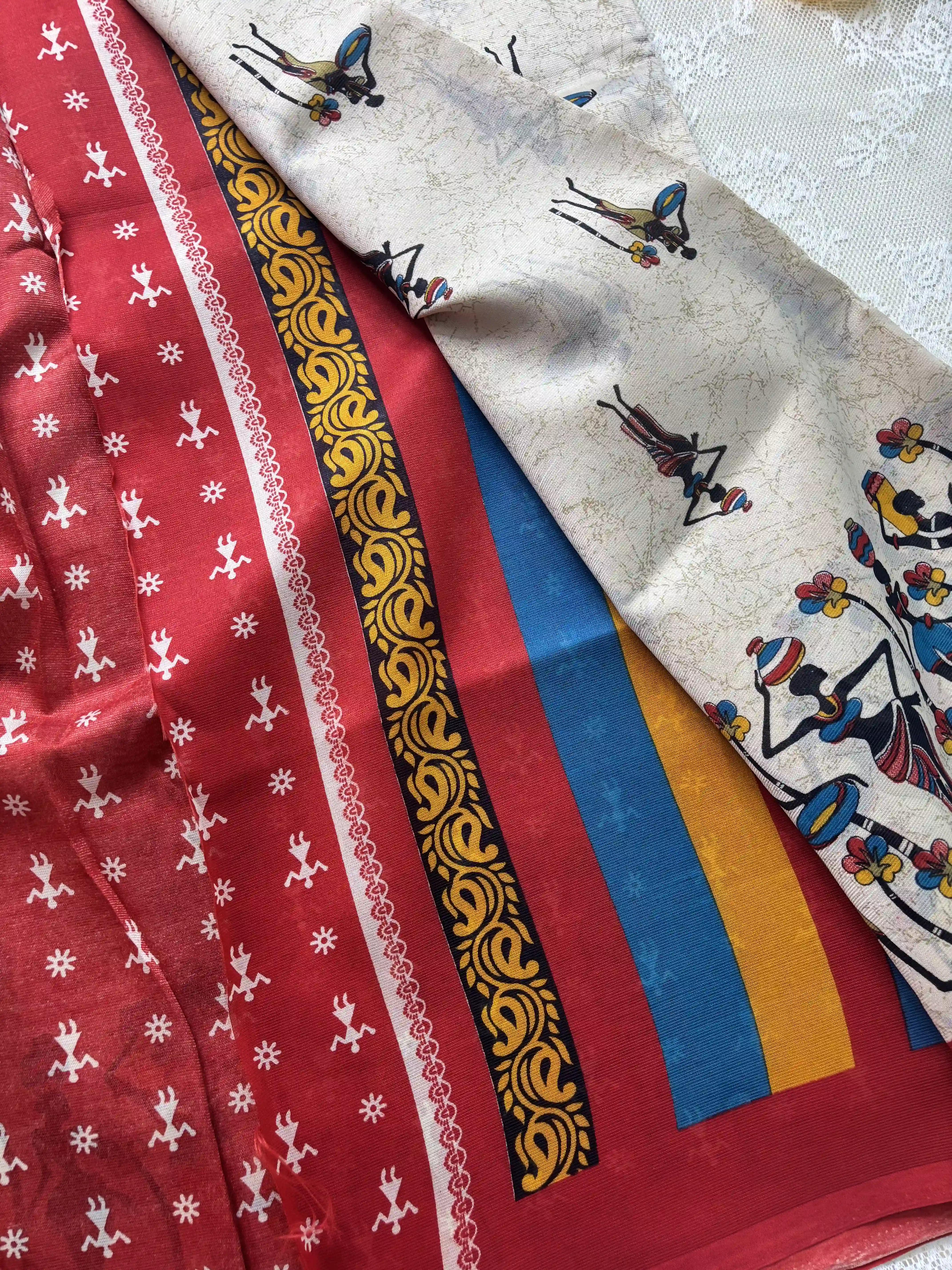 Beige Saree with African Tribal Print and Red Border Malabar Silk