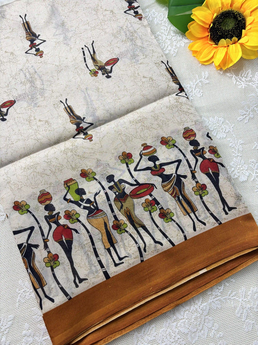 Beige Saree with African Tribal Print and Mustard Yellow Border Malabar Silk