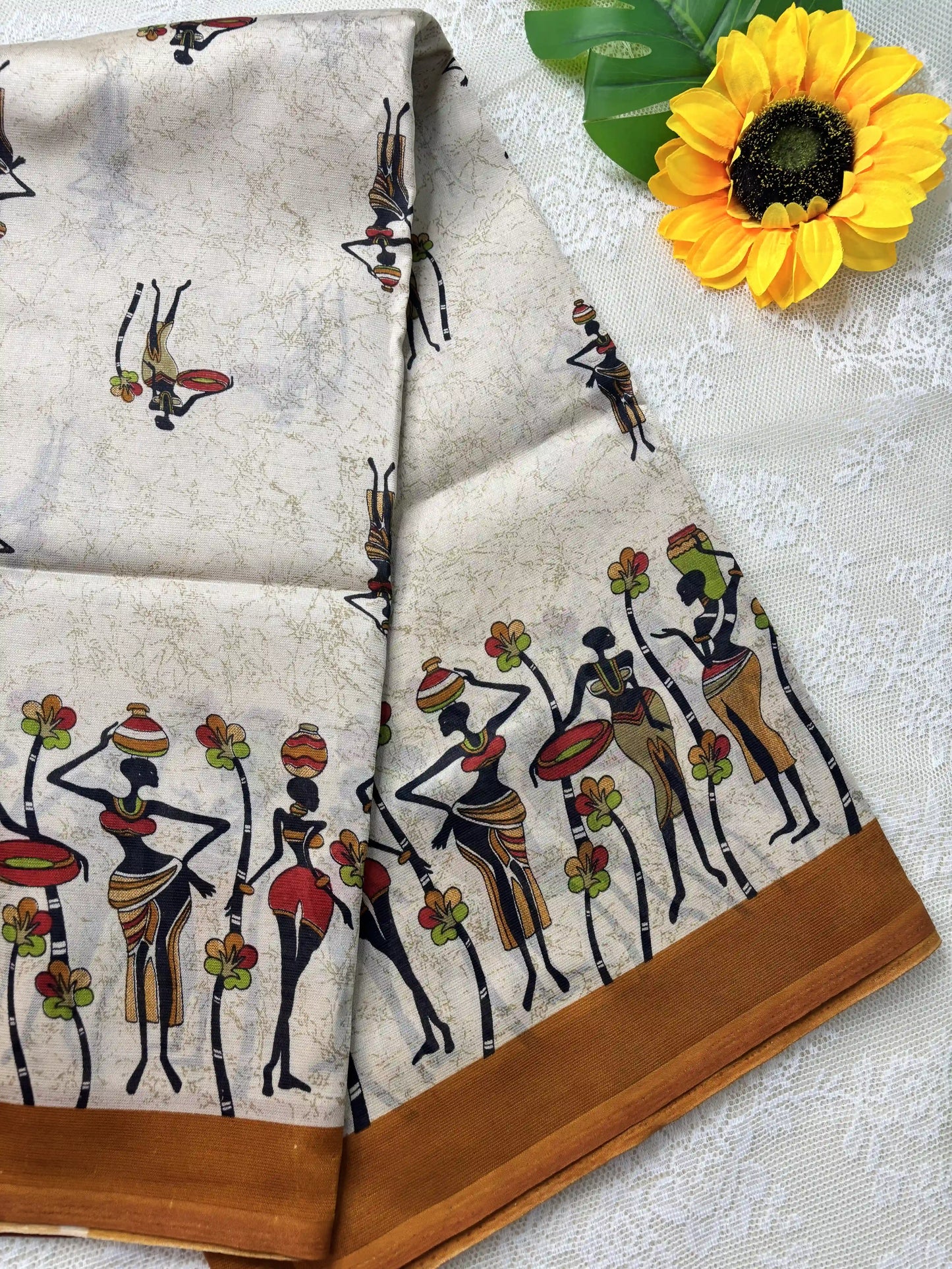 Beige Saree with African Tribal Print and Mustard Yellow Border Malabar Silk