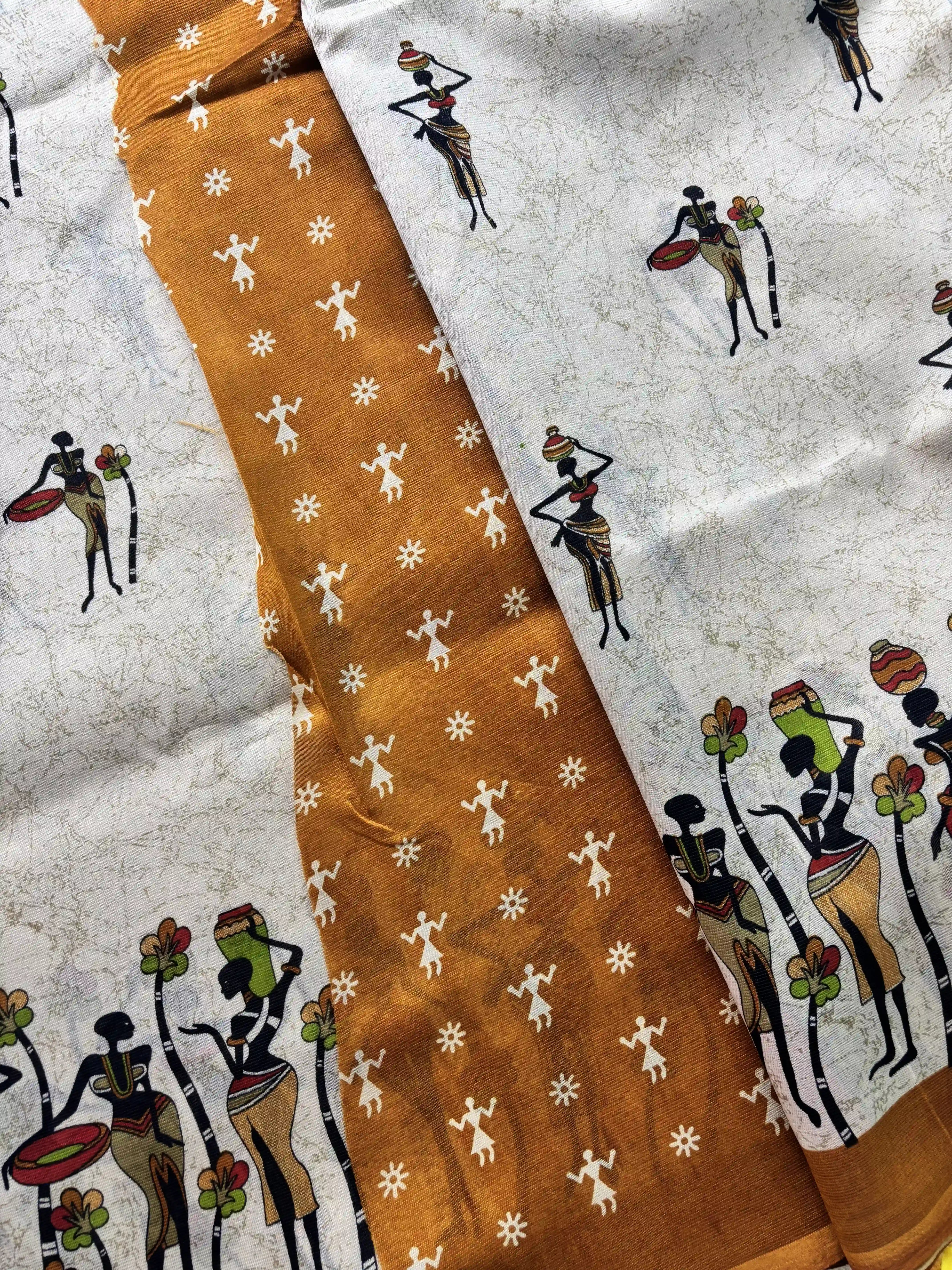 Beige Saree with African Tribal Print and Mustard Yellow Border Malabar Silk