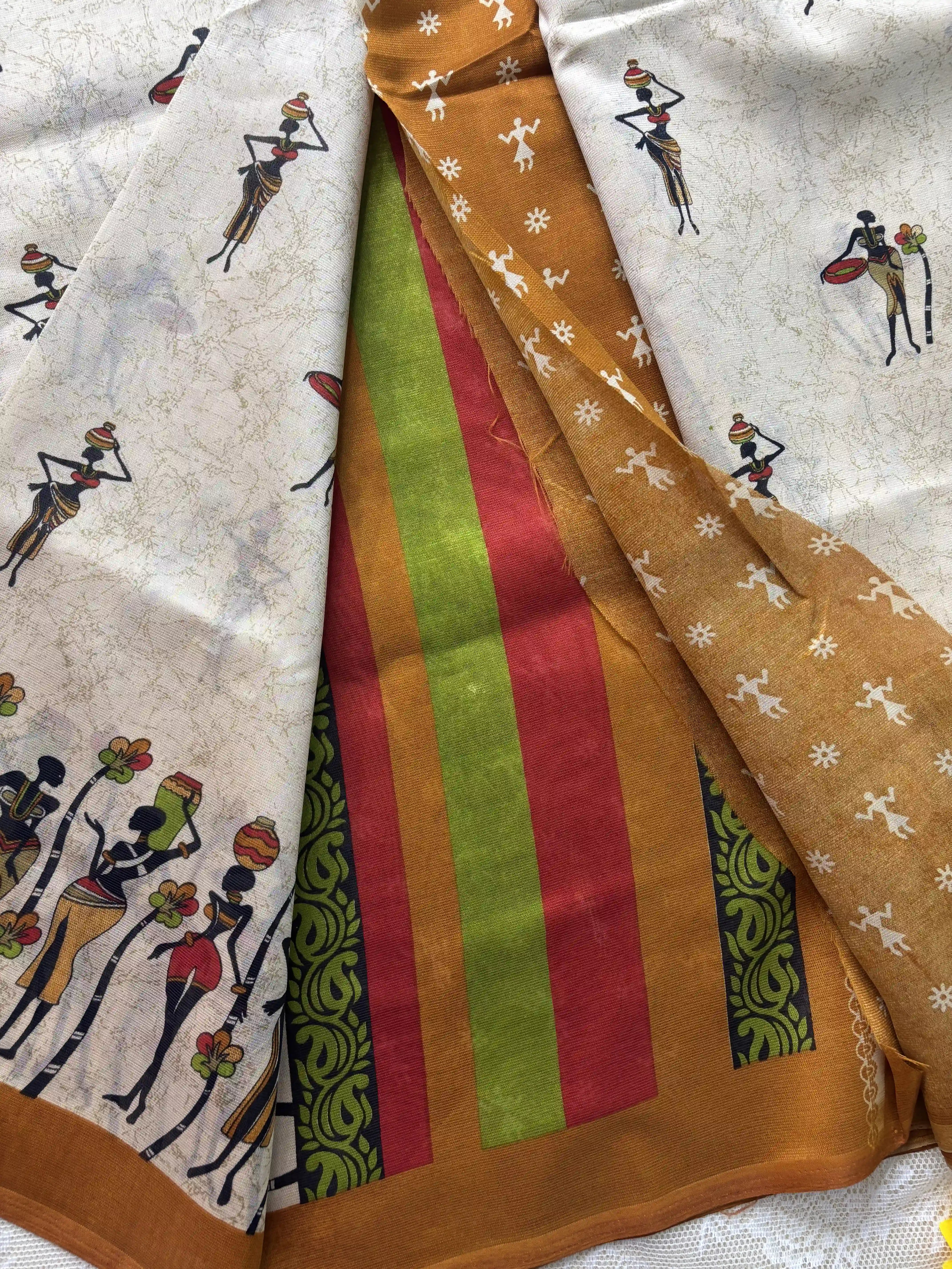 Beige Saree with African Tribal Print and Mustard Yellow Border Malabar Silk