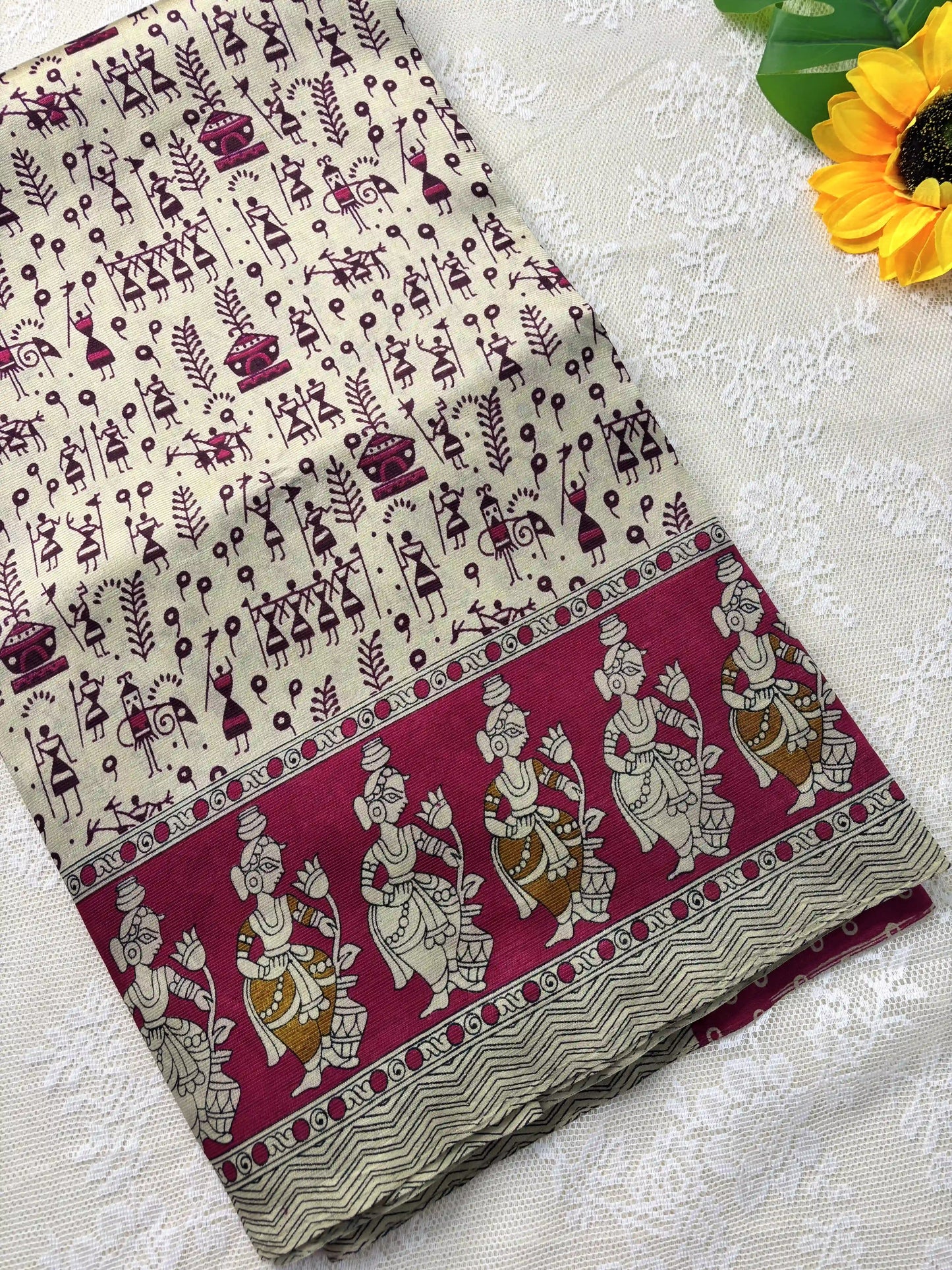Pink Silk Soft Cotton Saree with warli print pattern print Body and kalamkari pattern Border and pallu