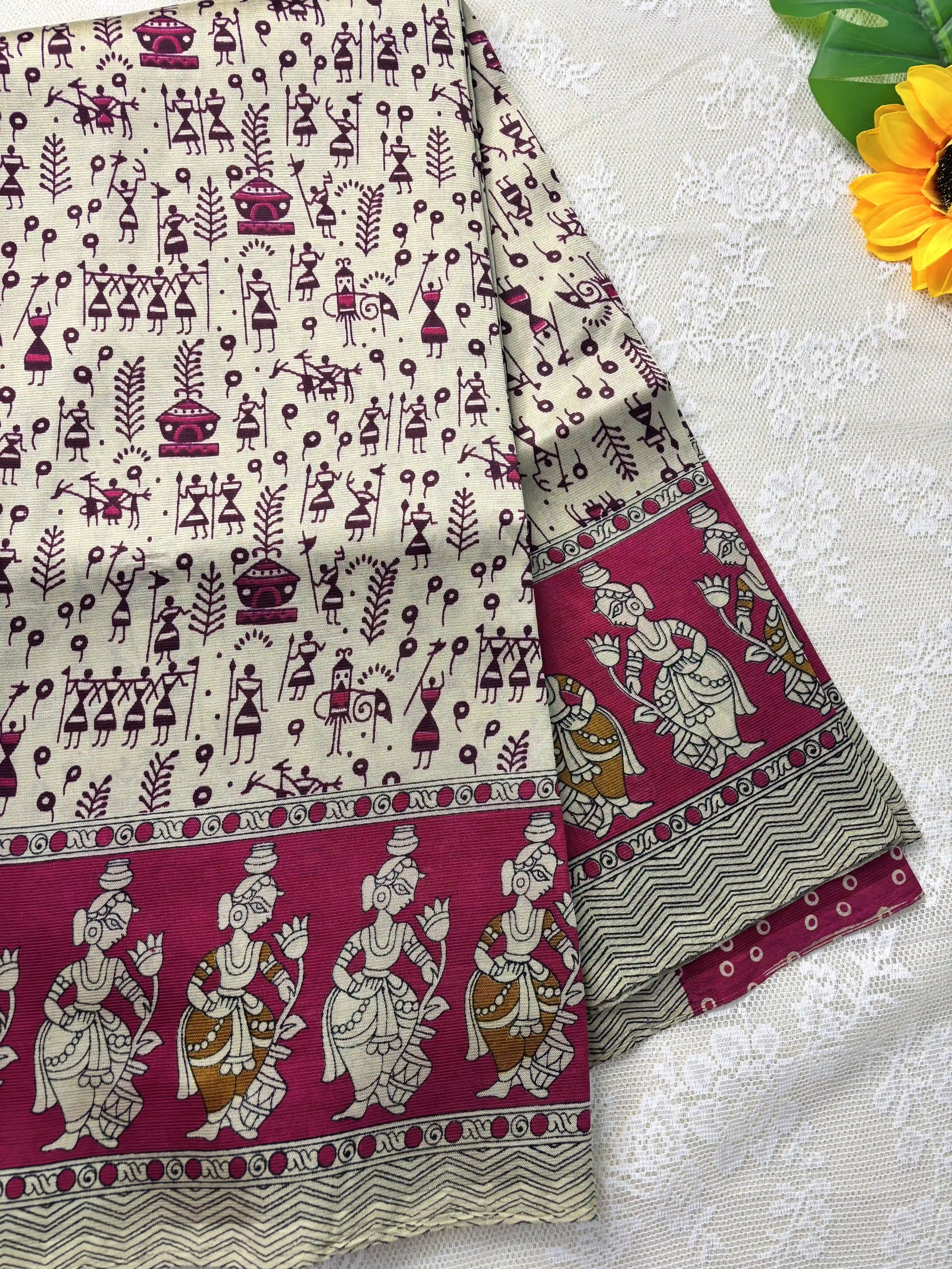 Pink Silk Soft Cotton Saree with warli print pattern print Body and kalamkari pattern Border and pallu