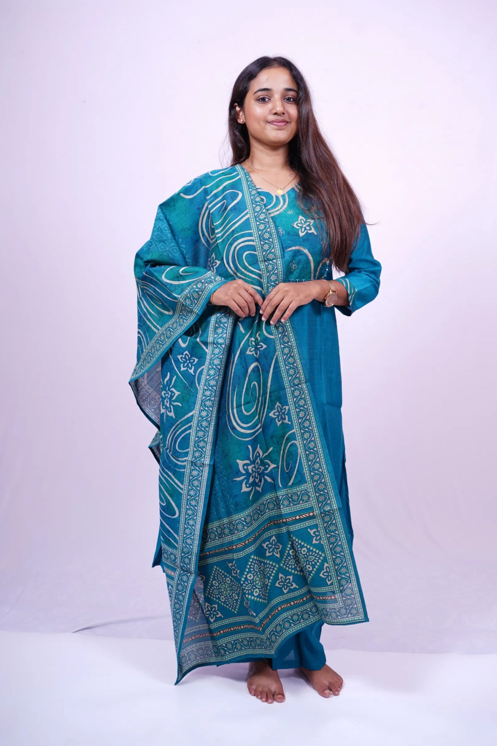 Ocean Breeze Blue Printed Kurthi Set with Dupatta|3-Piece Kurthi Set |T2-005