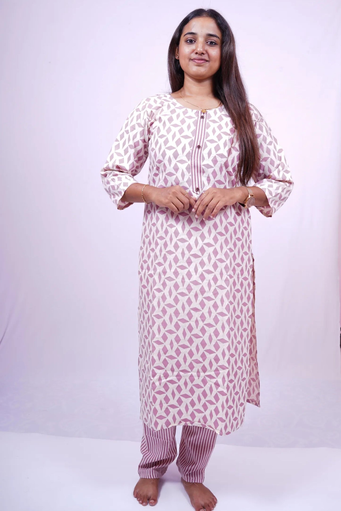 Rose Quartz Geometric Print Kurthi Set with Dupatta| 3-Piece Kurthi Set| T2-001