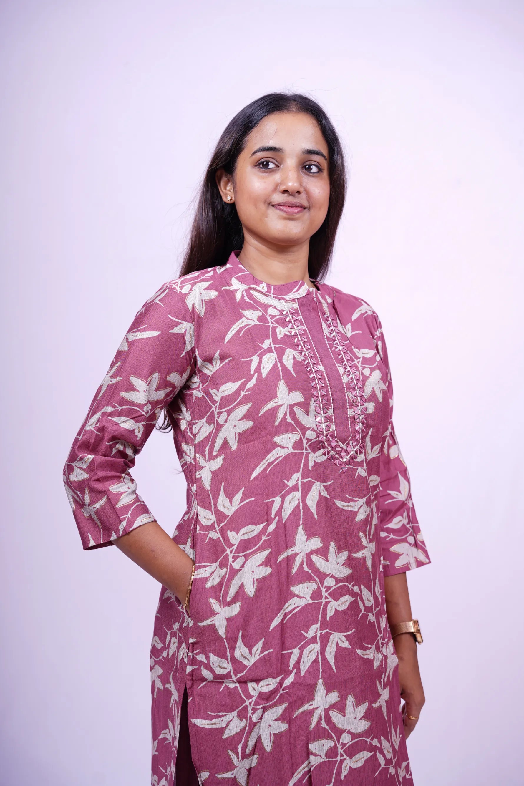 Chic Plum Floral Kurthi Set with Dupatta - 3-Piece Kurthi Set | T2-004