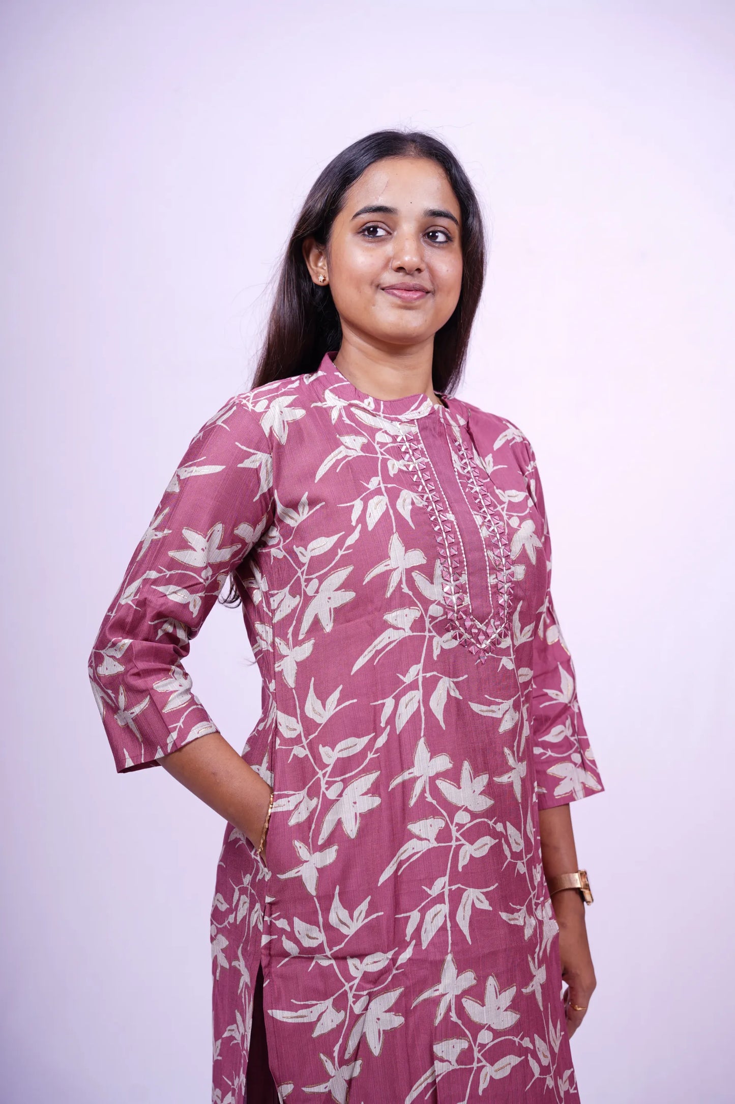 Chic Plum Floral Kurthi Set with Dupatta - 3-Piece Kurthi Set | T2-004