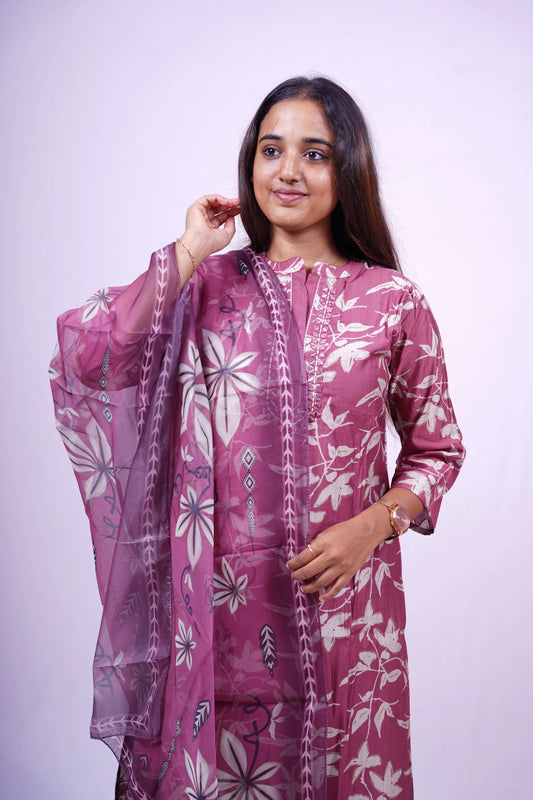 Chic Plum Floral Kurthi Set with Dupatta - 3-Piece Kurthi Set | T2-004