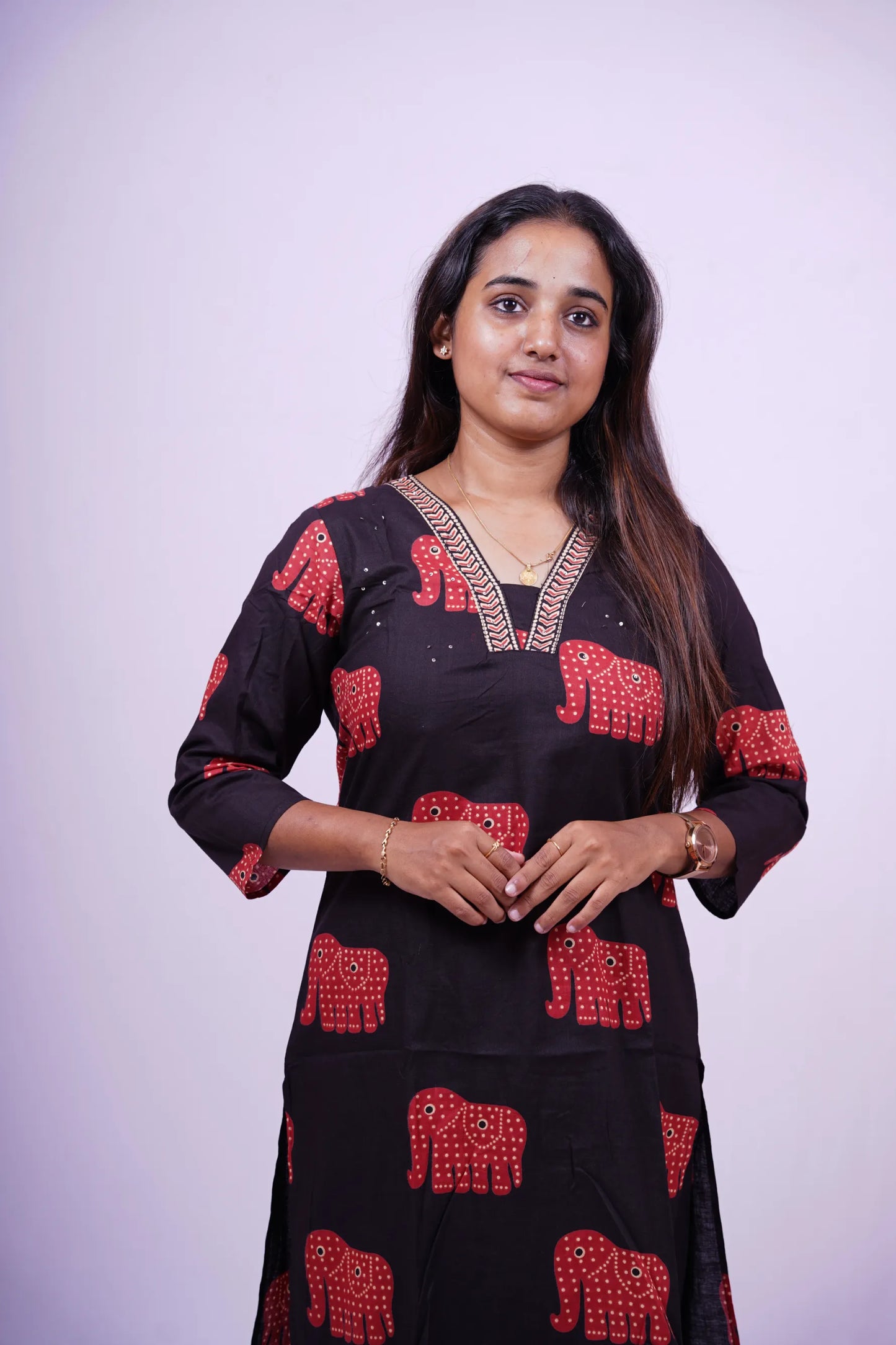 Summer Style Black with Red Elephant Motif 2-Piece Kurthi Set | R2-004