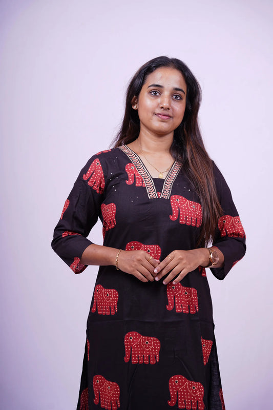 Summer Style Black with Red Elephant Motif 2-Piece Kurthi Set | R2-004