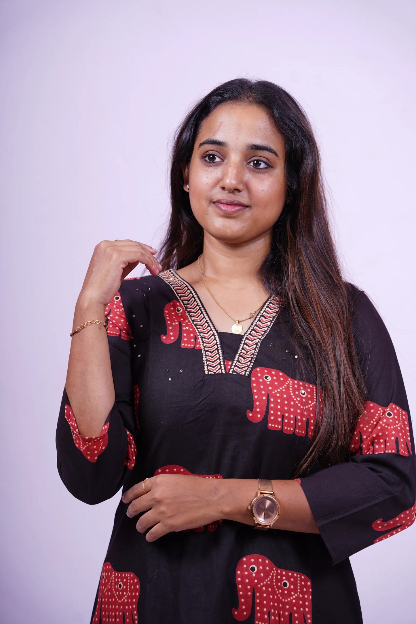 Summer Style Black with Red Elephant Motif 2-Piece Kurthi Set | R2-004