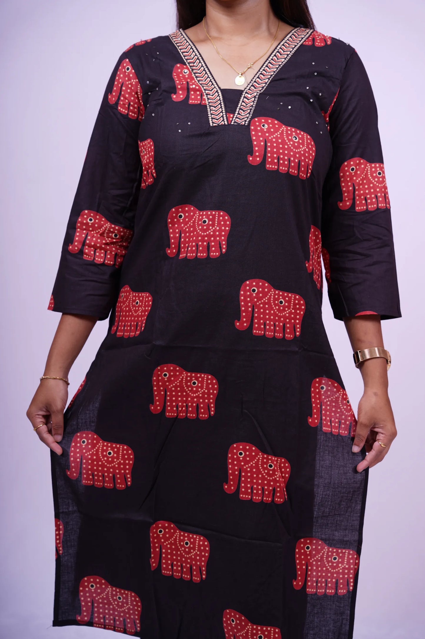 Summer Style Black with Red Elephant Motif 2-Piece Kurthi Set | R2-004