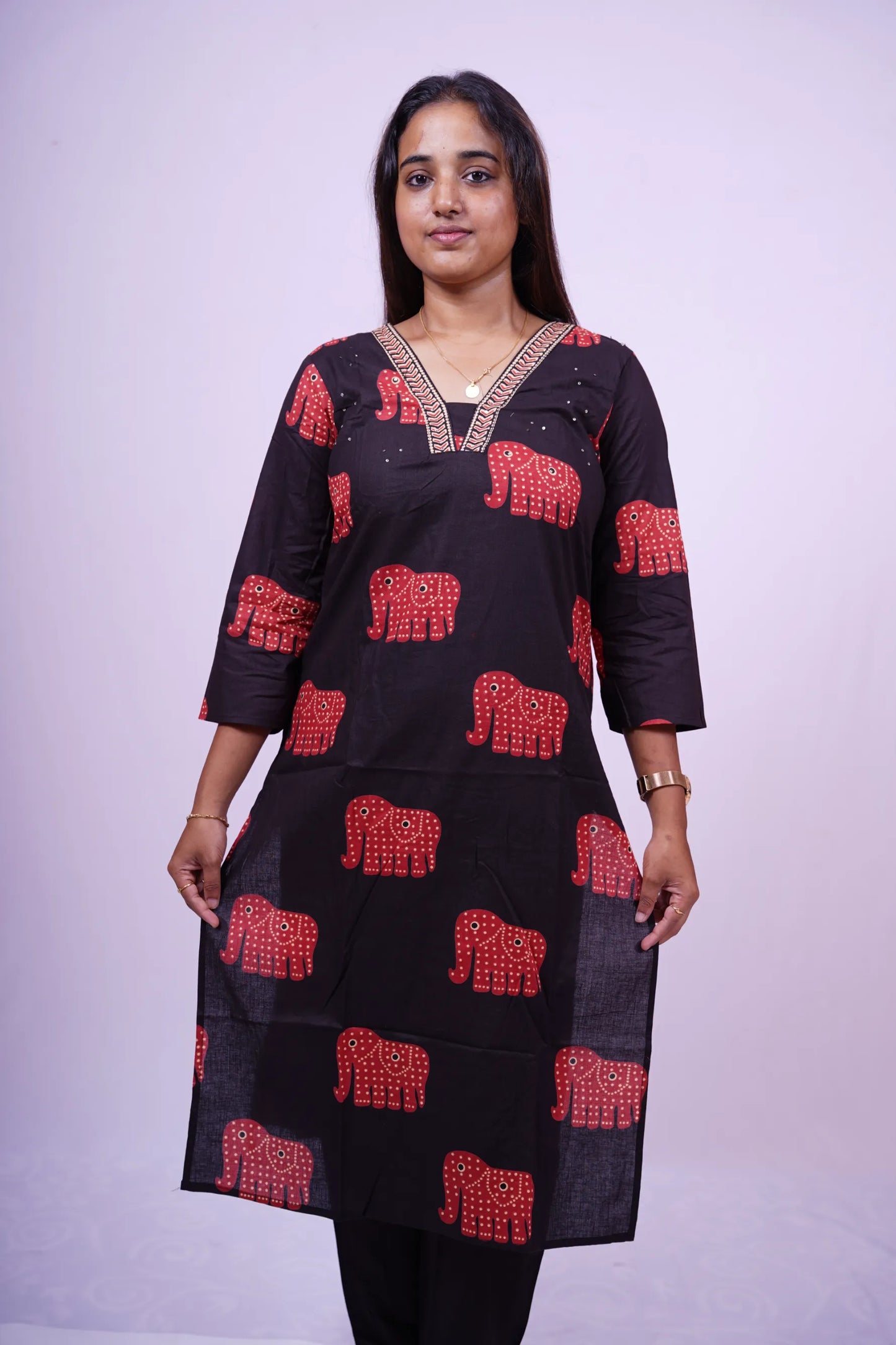 Summer Style Black with Red Elephant Motif 2-Piece Kurthi Set | R2-004