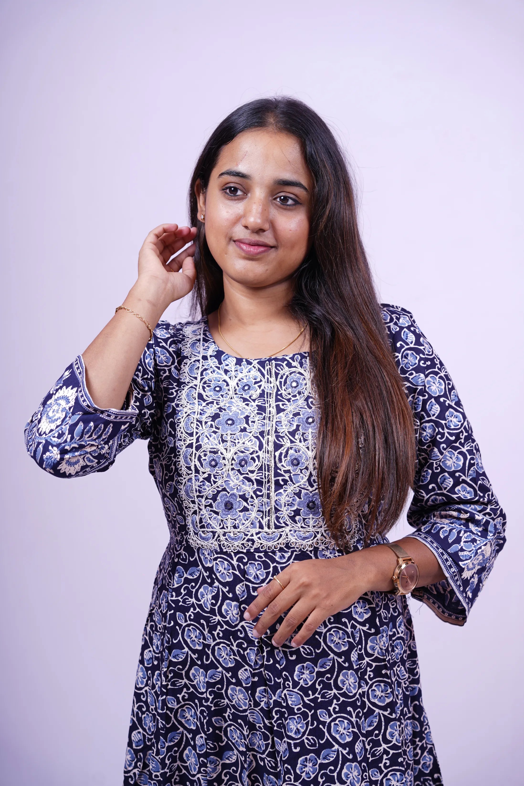 Blue Floral Print A-Line Kurthi | Q2-004