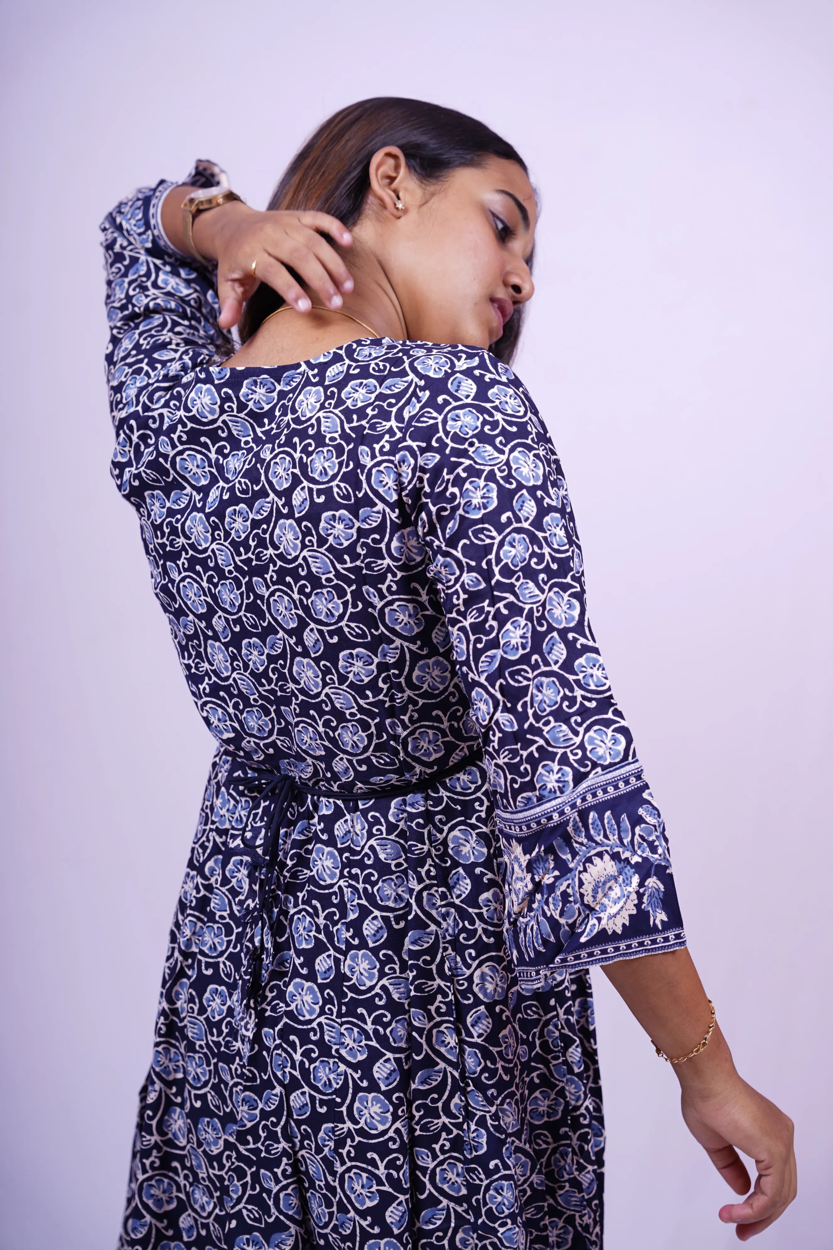 Blue Floral Print A-Line Kurthi | Q2-004