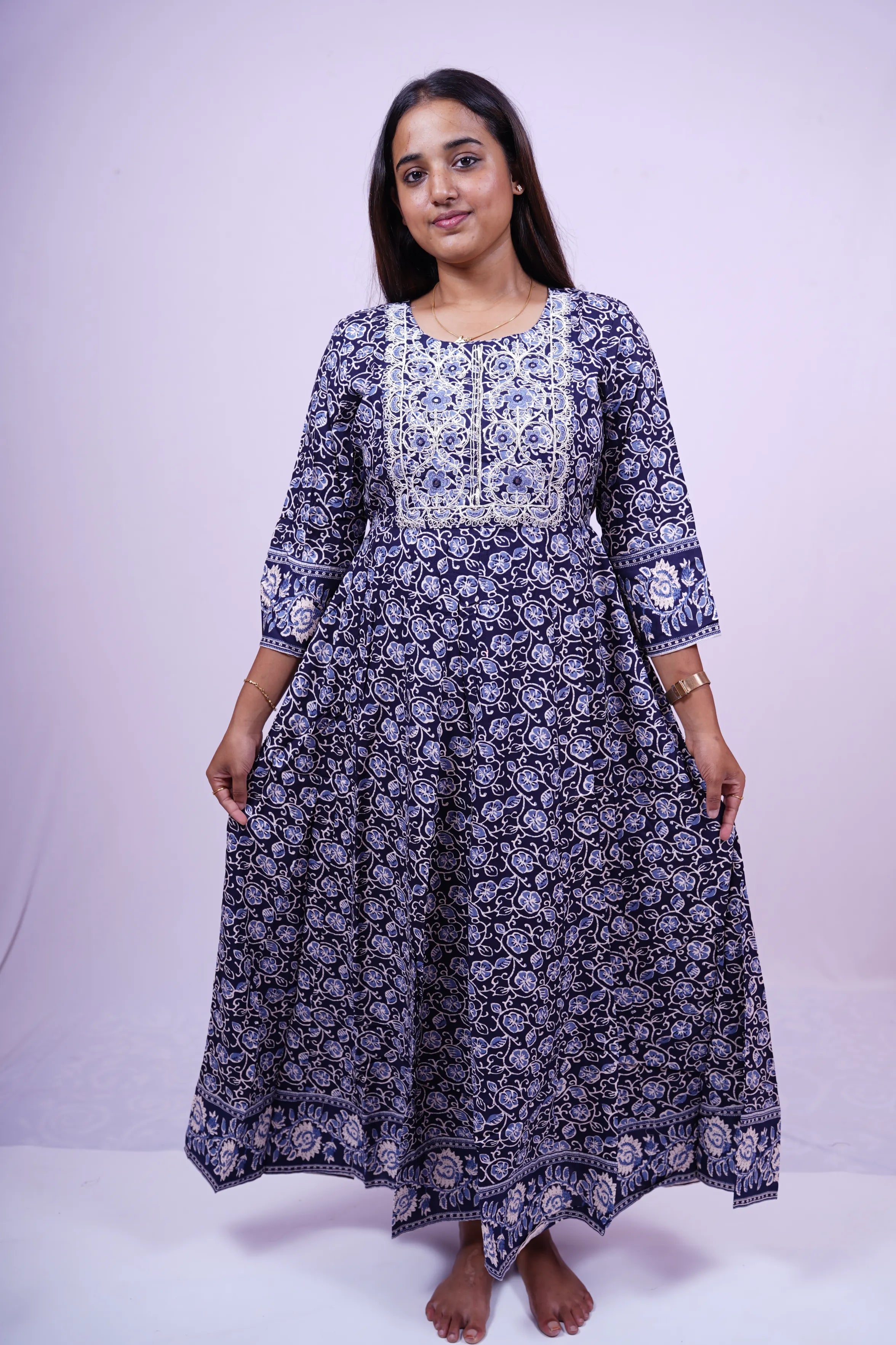 Blue Floral Print A-Line Kurthi | Q2-004