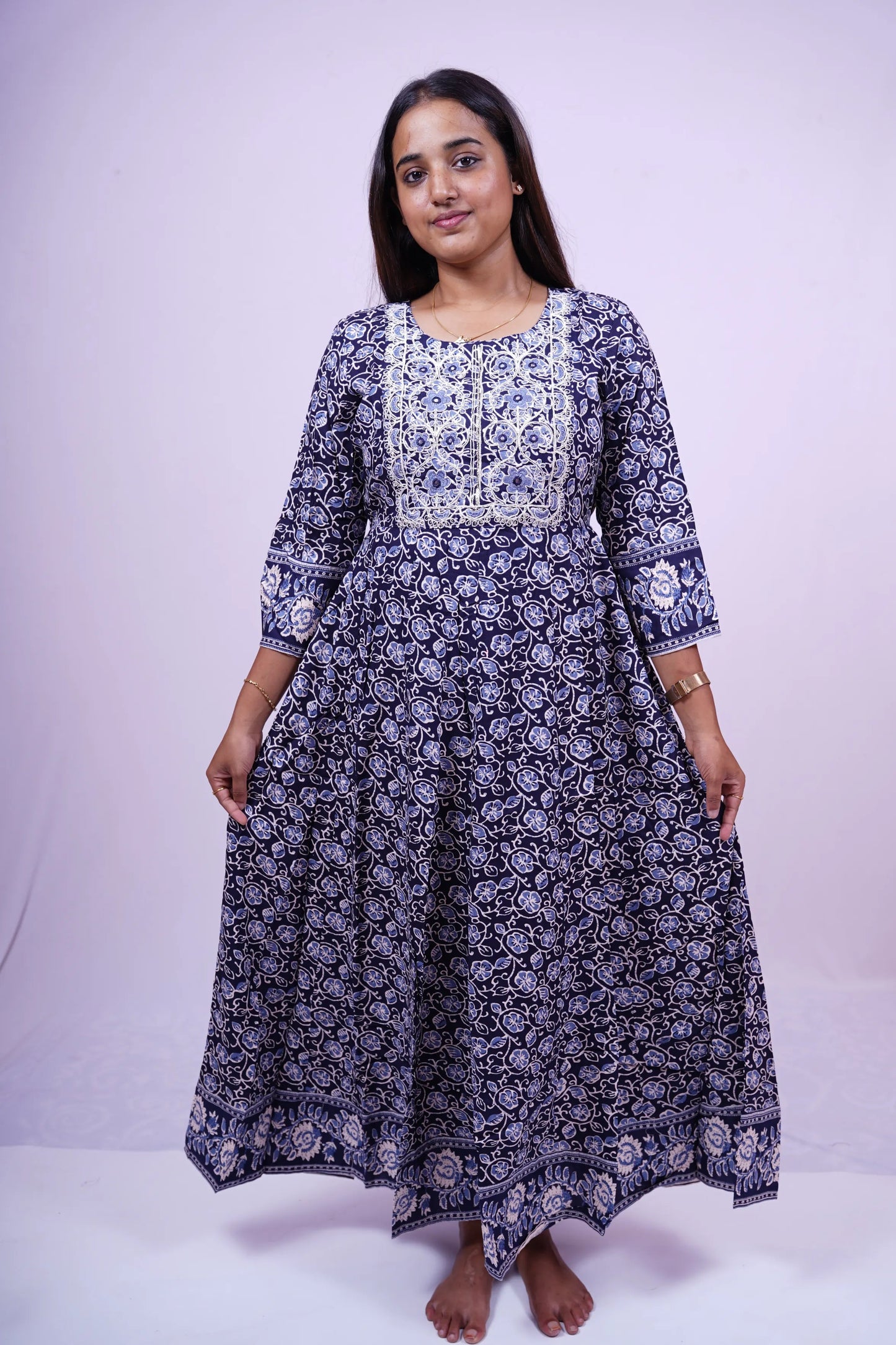 Blue Floral Print A-Line Kurthi | Q2-004