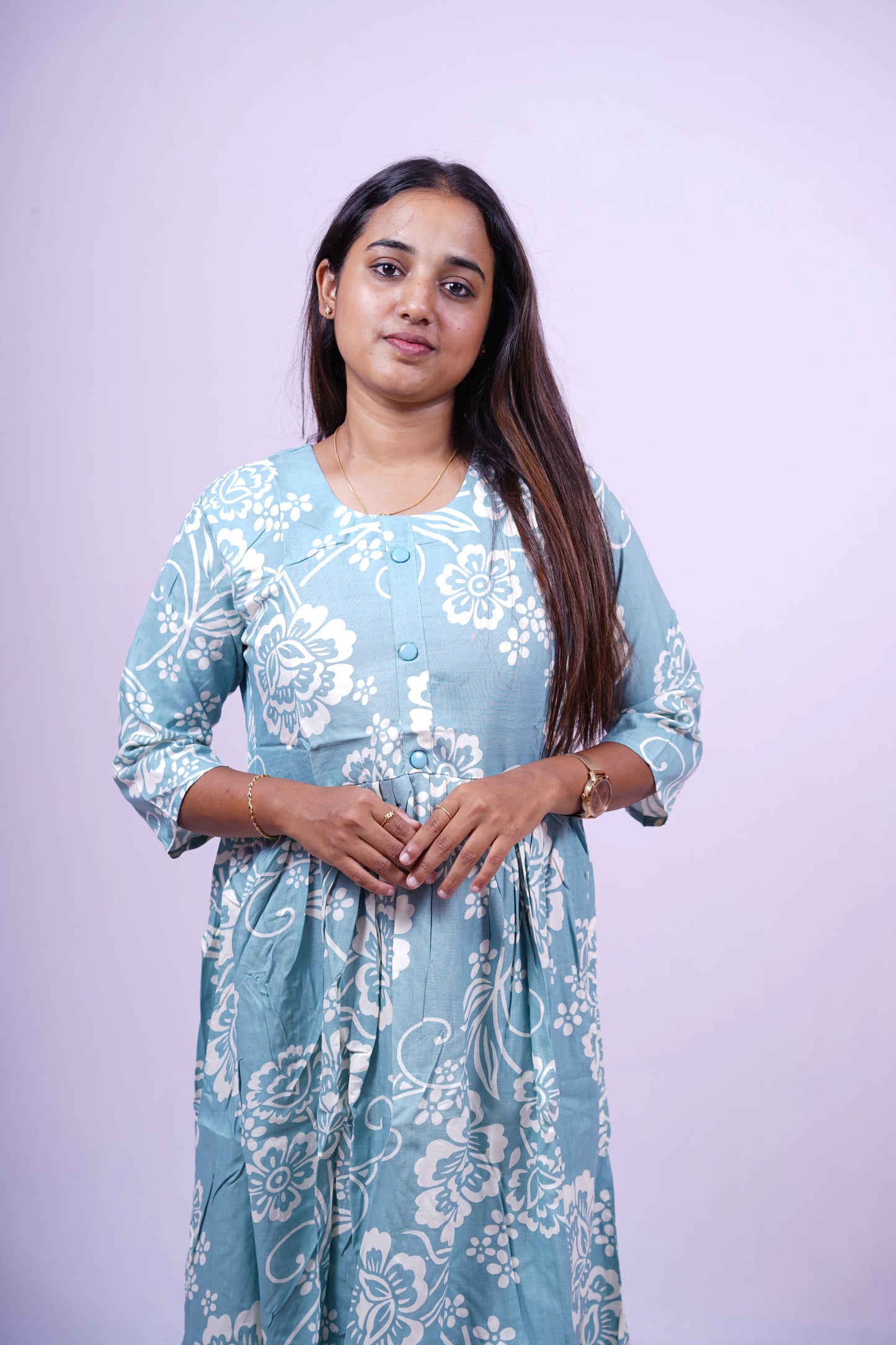 Light Blue Floral Print Flared Kurthi | T1-001
