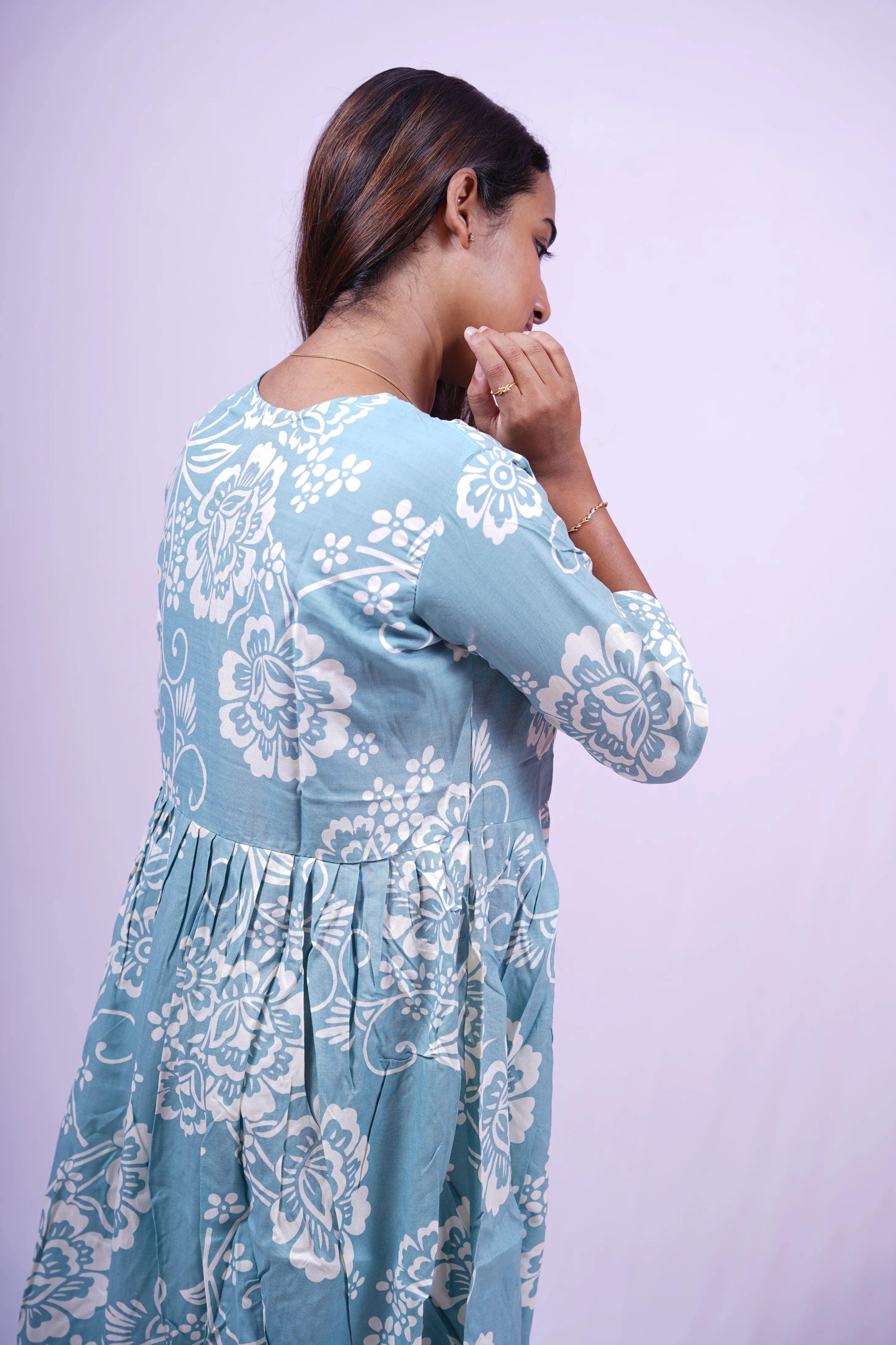 Light Blue Floral Print Flared Kurthi | T1-001