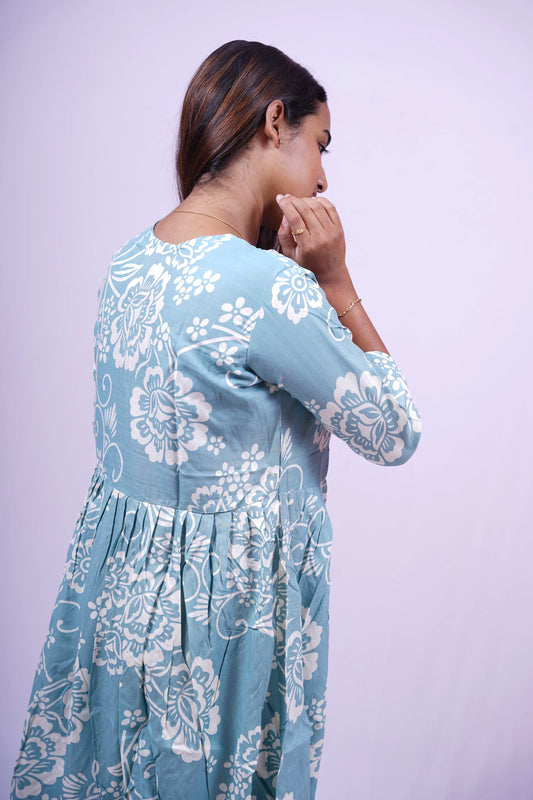 Light Blue Floral Print Flared Kurthi | T1-001