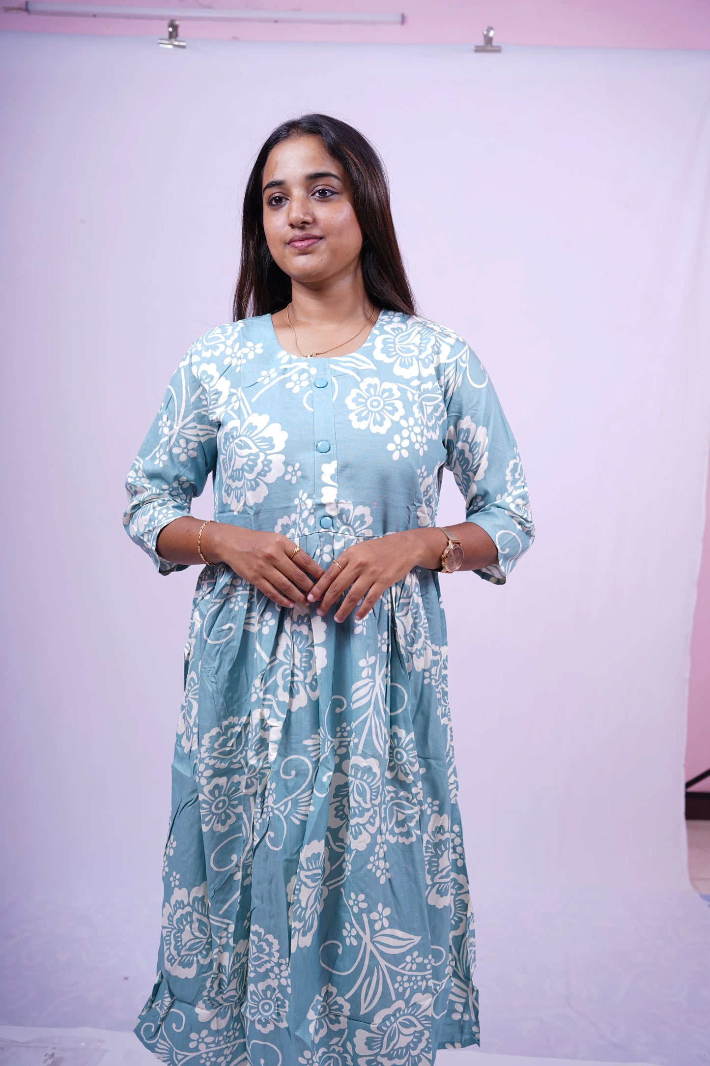 Light Blue Floral Print Flared Kurthi | T1-001